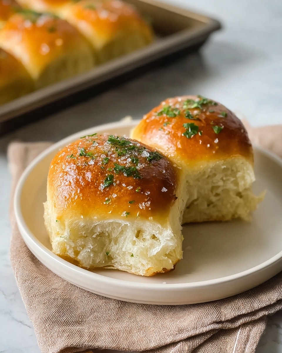 Two soft golden brown dinner rolls sit close together on a white plate. Each roll has a shiny top with small green parsley pieces and a sprinkling of coarse salt. The fluffy white interior is partly visible where one roll is broken away. The plate is set on a white marbled surface with a light brown cloth partially underneath. In the background, a tray of similar rolls is slightly out of focus. Photo taken with an iphone --ar 4:5 --v 7