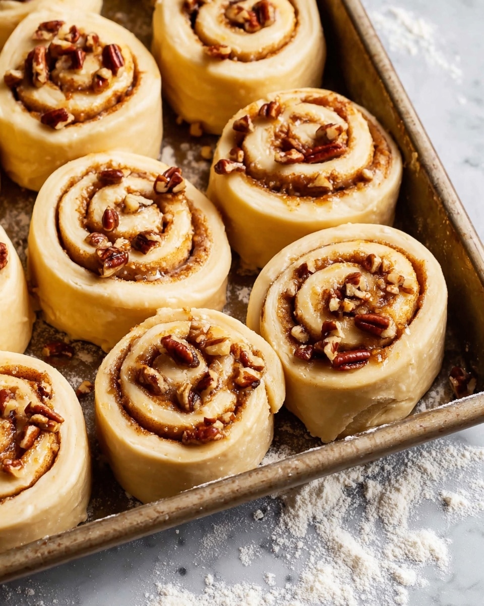 The image shows a close-up of eleven raw cinnamon rolls placed in a baking tray, arranged in three rows with some rolls touching each other. Each roll is made up of a light golden dough spiral with a thin, dark brown cinnamon filling visible in the swirls. Small pieces of chopped pecans scattered on top of each roll add a rough, crunchy texture with a dark brown color. The dough looks soft and slightly shiny, likely brushed with a light glaze, and the baking tray has a rustic, metallic look. The background is a white marbled surface with some flour dusted lightly around the tray photo taken with an iphone --ar 4:5 --v 7