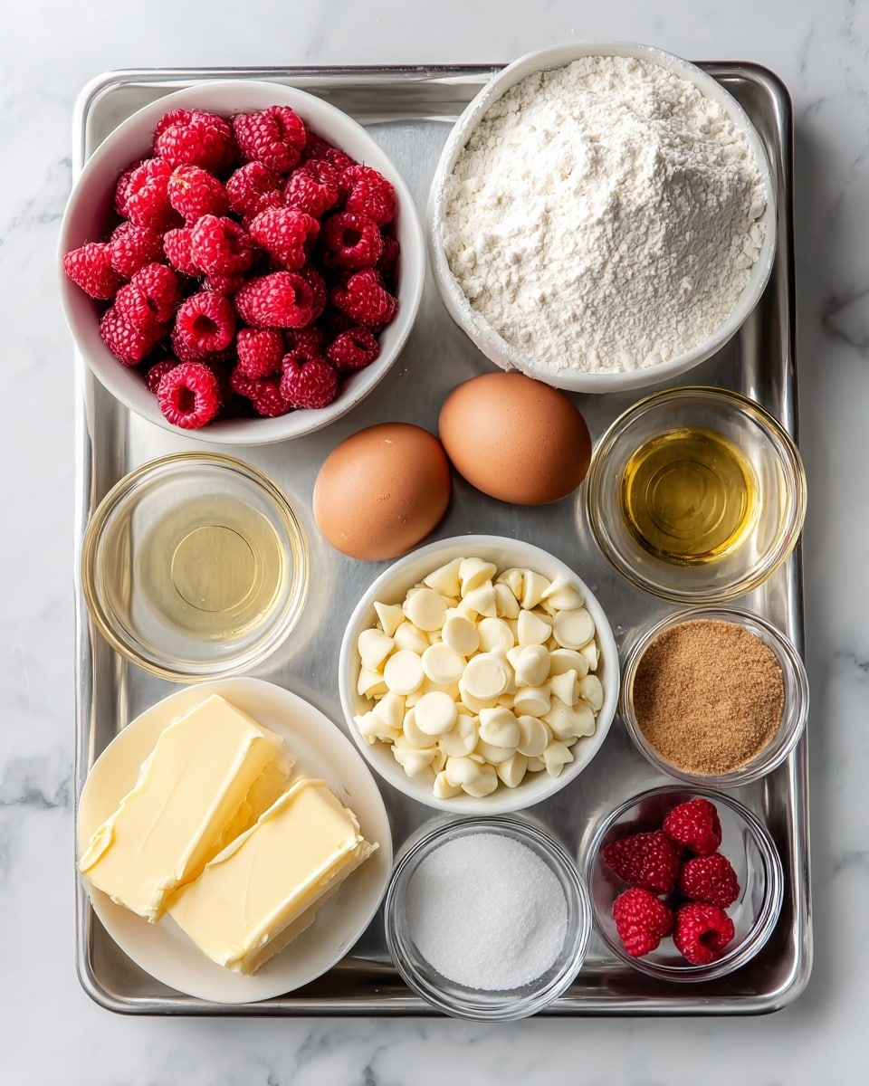 A metal tray holds nine items on a white marbled surface: at the top left, a white bowl full of bright red raspberries; to its right, a white bowl overflowing with white flour. Below the raspberries, two brown eggs lie side by side. In the center, a white bowl is filled with pale yellow white chocolate chips. To the right of the white chocolate, there is a clear glass bowl with white granulated sugar. Near the bottom left, two yellow blocks of butter sit side by side, one larger and one smaller. Above the butter, a small clear glass bowl contains golden liquid, likely vanilla extract. To the right of the butter are two clear glass bowls; one contains light brown sugar, and the other two small bowls hold white salt and white baking soda. Three red raspberries are placed randomly on the tray near the bowls. Photo taken with an iphone --ar 4:5 --v 7