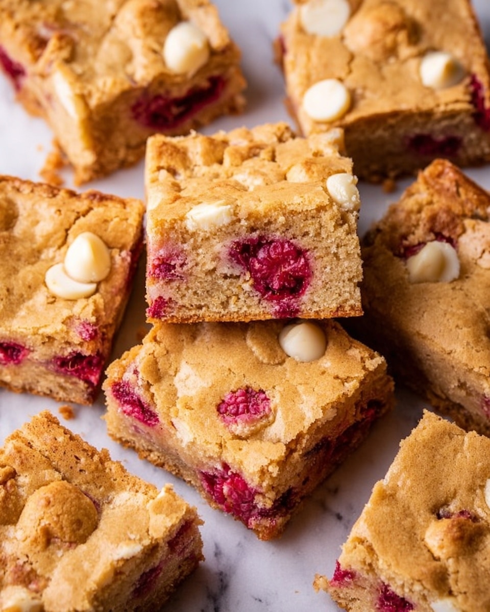 The image shows a square baking pan lined with white parchment paper. Inside, there is one thick layer of light brown batter, spread evenly. On top of the batter, there are scattered bright red raspberries and a good amount of small, round white chocolate chips. The pan is placed on a white marbled surface with a few raspberries and white chocolate chips scattered around it. Photo taken with an iphone --ar 4:5 --v 7