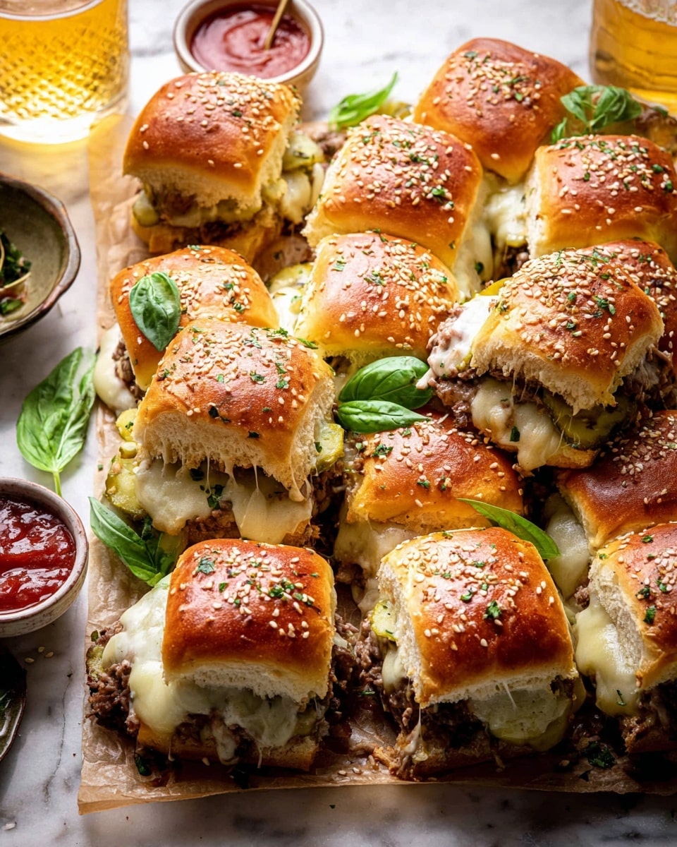 This image shows a close-up of a cluster of small sandwich sliders arranged tightly together on a sheet of parchment over a white marbled surface. The sliders each have a golden-brown bun top sprinkled with sesame seeds and green herb bits. Inside the sliders, melted creamy cheese stretches between the buns, sitting over browned meat and slices of pickles visible throughout the layers. The sandwiches are garnished with fresh green basil leaves on top. Around the platter, there are small dishes of red sauce and glasses of golden beer. Photo taken with an iphone --ar 4:5 --v 7