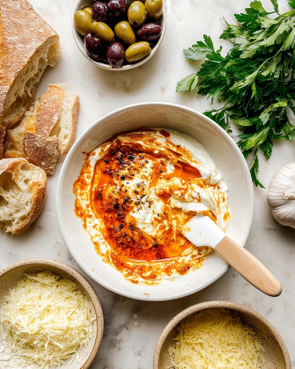 A white bowl sits in the center with two layers of soft, creamy white cheese swirled with a vibrant orange-red sauce, creating a marbled pattern with some black pepper sprinkled on top. A white spatula with a wooden handle rests inside the bowl. To the left, there are two pieces of crusty bread with a golden-brown crust and a light, airy inside. Above the bowl, there is a small white bowl filled with green and dark purple olives. To the right, fresh green parsley leaves spread partly out of the frame. Below, two bowls are placed side by side; one holds shredded mozzarella cheese in a white bowl, and the other contains finely grated pale yellow cheese in a light brown bowl. A bulb of garlic with white papery skin sits near the grated cheese bowls. The whole scene is set on a white marbled surface. photo taken with an iphone --ar 4:5 --v 7