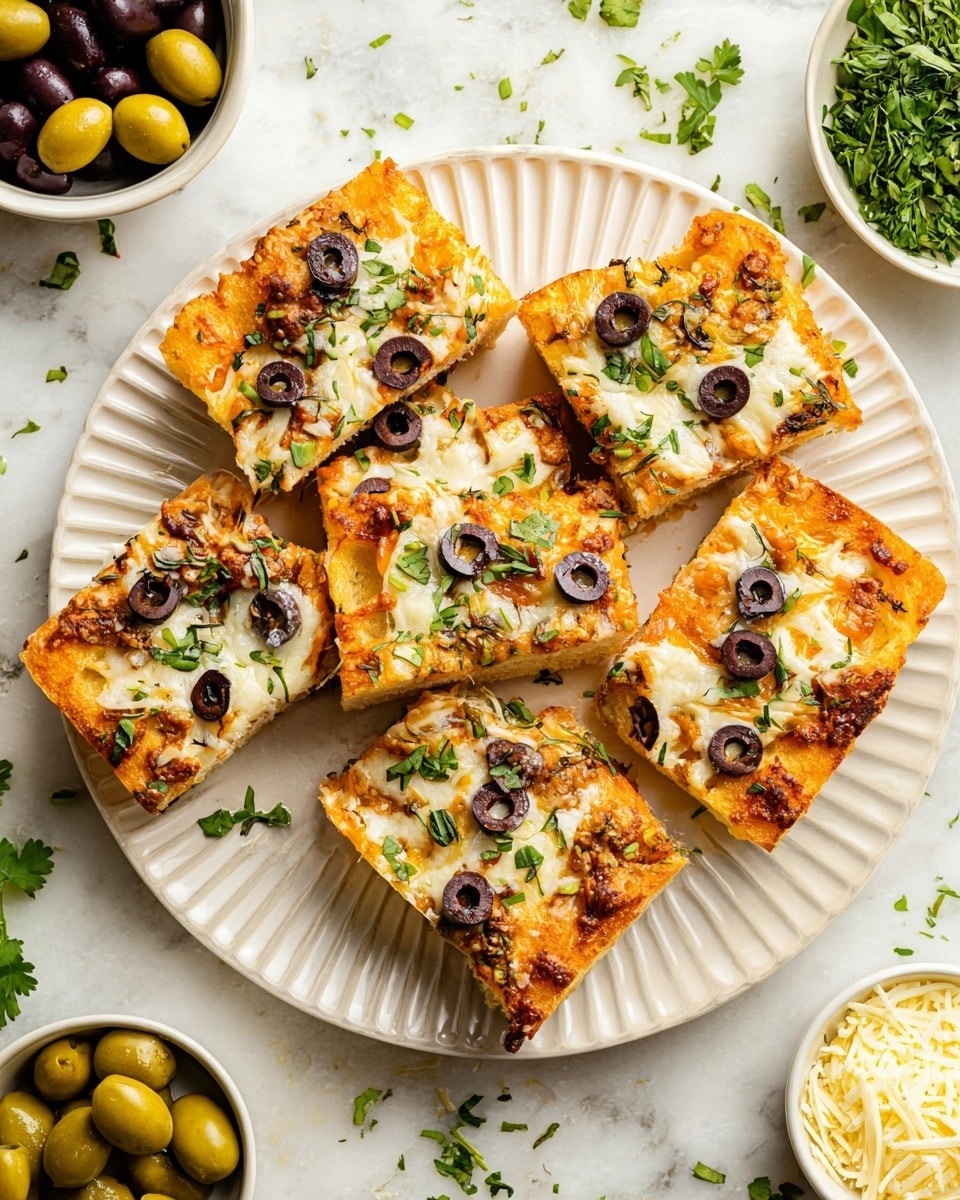 The image shows eight square pieces of focaccia bread pizza on a white plate with ridged edges. Each piece has a golden toasted crust base topped with an orange spread layer, melted white cheese, sliced black and green olives, and chopped green herbs scattered on top. The pieces are arranged closely but not perfectly aligned on the plate. Around the plate are some fresh green herbs scattered on a white marbled surface, with a small white bowl filled with mixed black and green olives on the upper left and a small white bowl with shredded cheese at the lower right corner. Photo taken with an iphone --ar 4:5 --v 7