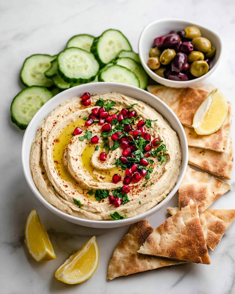 A white bowl filled with a thick layer of creamy beige hummus has a swirl pattern on top, drizzled with golden olive oil and sprinkled with bright red pomegranate seeds and chopped green parsley, with a dusting of brown spice. Around the bowl, there are fresh, bright green cucumber slices stacked in two piles on the white marbled surface, along with three lemon wedges showing their pale yellow inner side. Next to the hummus are three pieces of warm, toasted pita bread, some cut into triangles, showing a golden brown and pale tan crust. A small white bowl of mixed olives, both dark purple and light green, sits to the side. The photo taken with an iphone --ar 4:5 --v 7