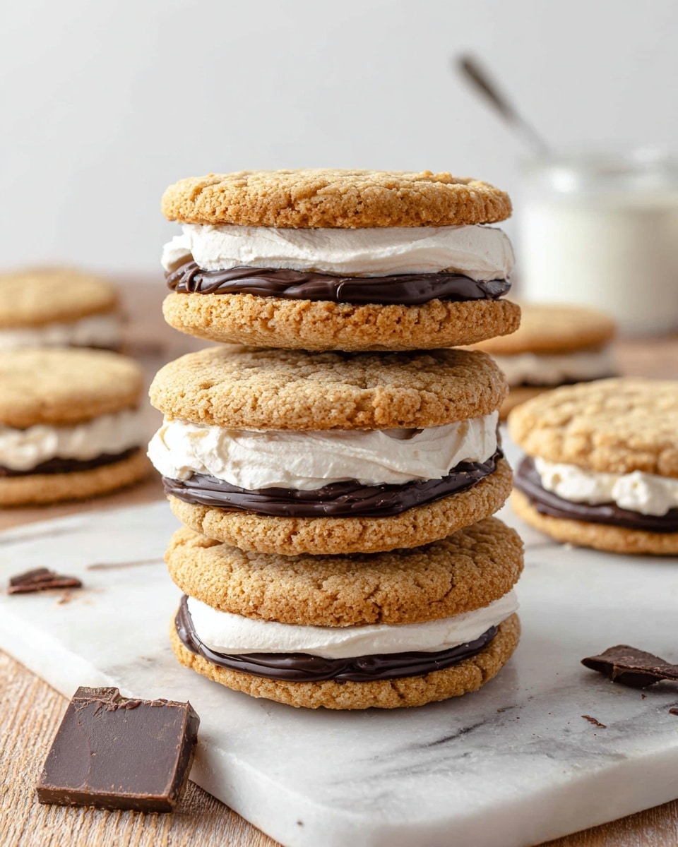 The image shows a stack of three sandwich cookies on a white marbled surface. Each sandwich has two light brown, textured cookies with a thick white cream layer and a thin dark chocolate layer in between. The cookies have a slightly crumbly texture, and a couple of chocolate pieces are scattered nearby. In the background, more sandwich cookies with the same layers are placed on the white marbled surface. The setting is bright and clean with a hint of a white container and a spoon blurred in the back. Photo taken with an iphone --ar 4:5 --v 7