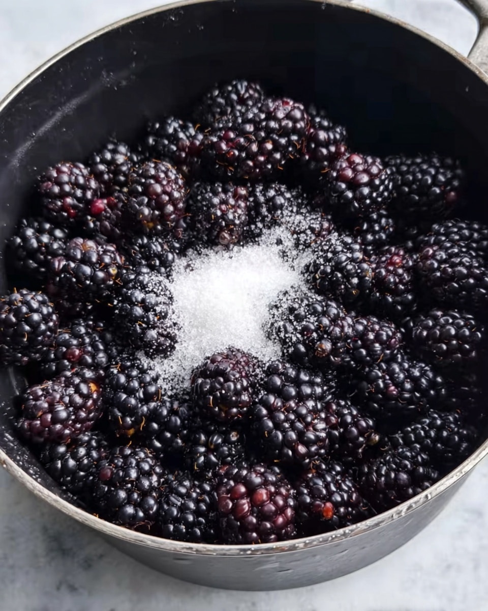 A close-up view of a black pot filled with a layer of shiny, plump blackberries that are deep purple to black in color. On top of the blackberries, there is a small pile of white granulated sugar sprinkled in the center, adding a contrast in texture and color. The pot is placed on a white marbled surface which adds a clean and bright background to the dark fruit. photo taken with an iphone --ar 4:5 --v 7