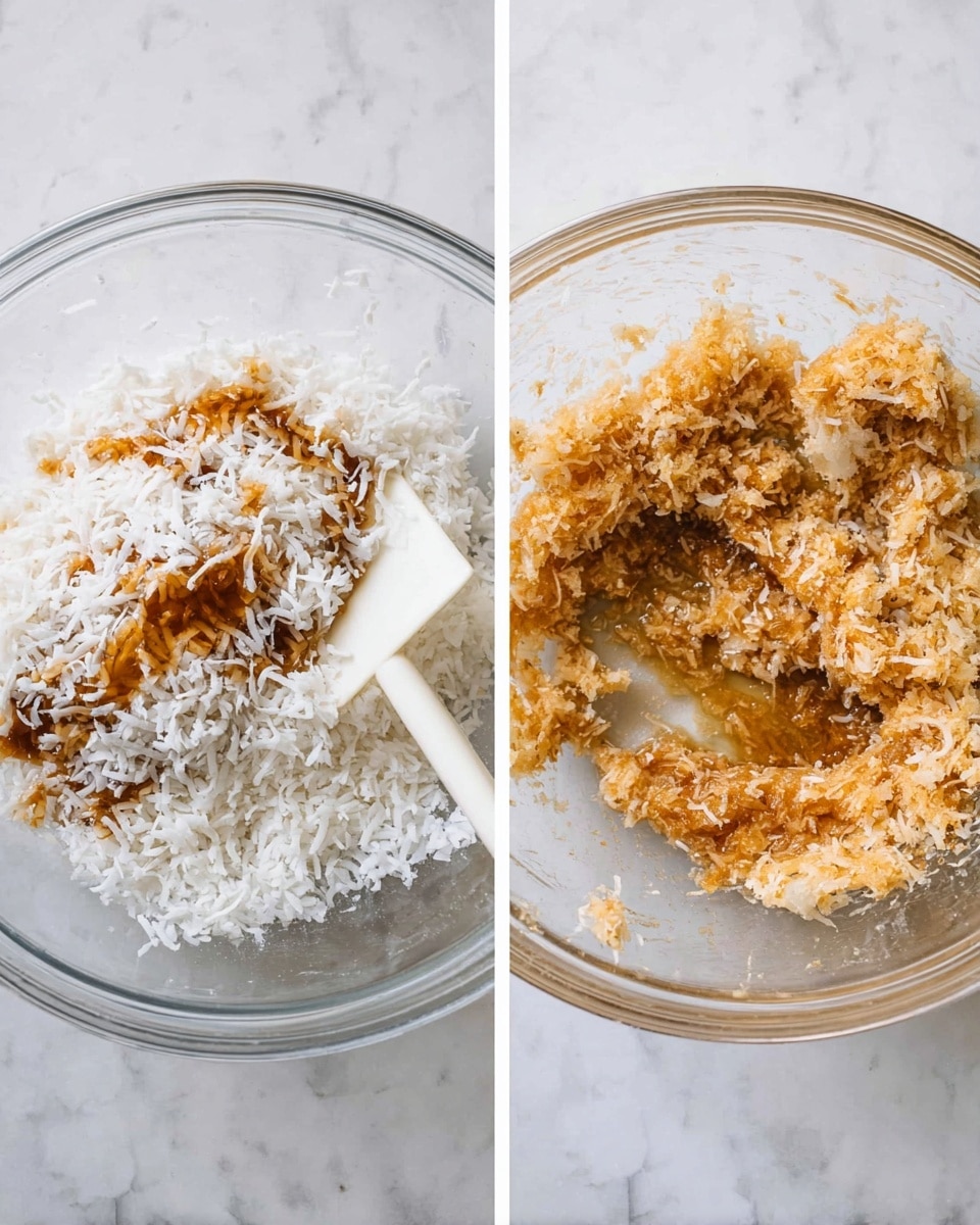The image shows two clear glass bowls on a white marbled surface, each containing ingredients for a coconut recipe. In the left bowl, there is a mix of white shredded coconut layered unevenly with streaks of brown syrup or melted caramel, with a white spatula resting inside it. The right bowl holds a thicker, more uniform mixture of shredded coconut and the brown syrup combined into a sticky, clumped texture filling the bowl about halfway. Both bowls highlight the contrast between the loose coconut in the first and the dense coconut mixture in the second, focusing on the layers of white and golden brown colors. photo taken with an iphone --ar 4:5 --v 7