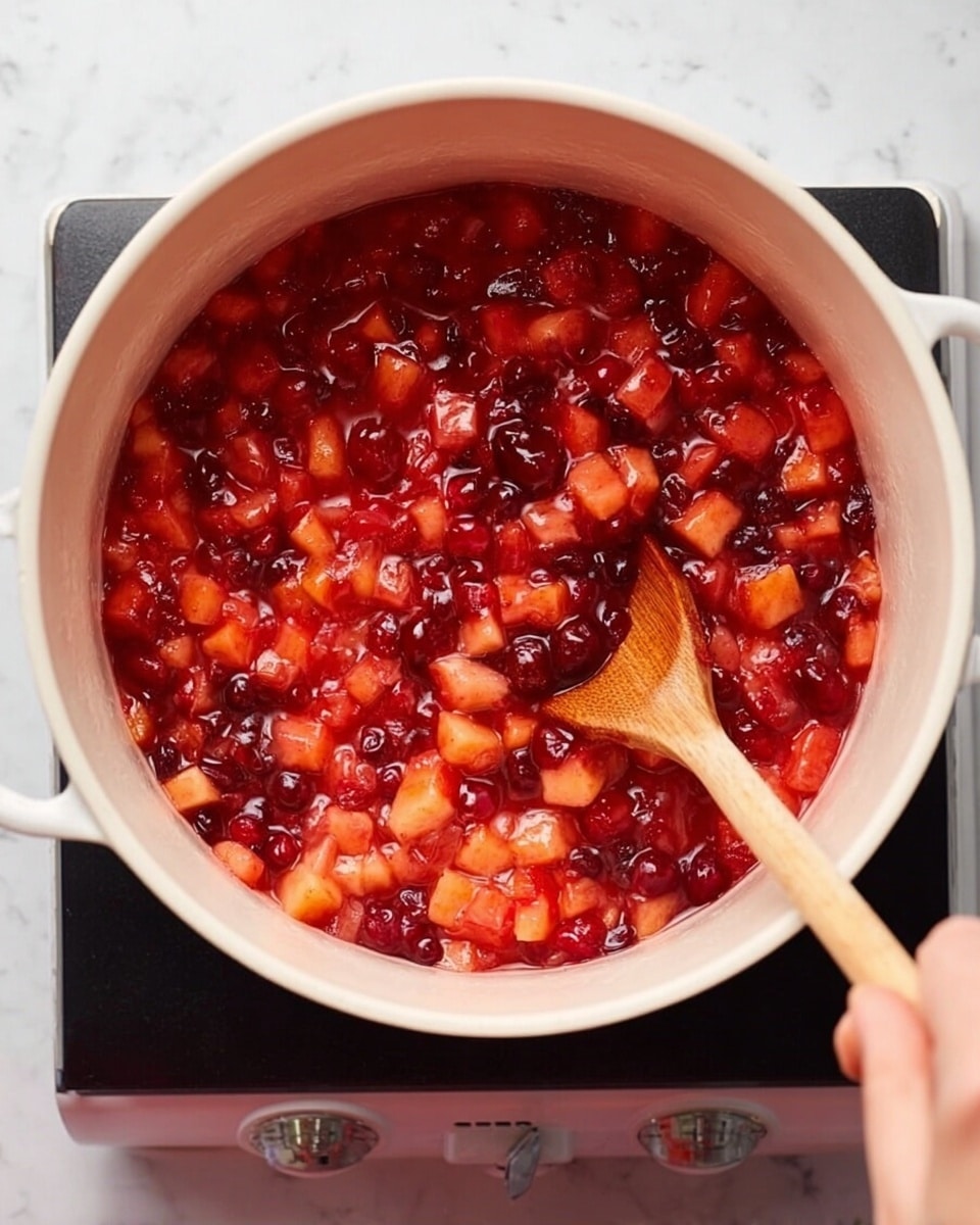 A top view of a white pot filled with a bright red and orange chunky fruit mix, likely made of small diced pieces of apples and cherries or cranberries simmering in a thick syrup. A woman's hand holding a wooden spoon is stirring the mixture gently. The pot sits on a small black electric stove against a white marbled surface background. The colors in the fruit mix are warm tones of red, orange, and deep burgundy blending together as the fruit softens and cooks. photo taken with an iphone --ar 4:5 --v 7