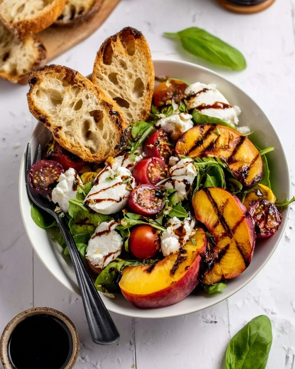 In a white bowl on a white marbled surface, a colorful salad is layered with fresh green spinach and other leafy greens as the base. On top are bright red cherry tomato halves scattered throughout, along with creamy white dollops of cheese that have soft textured peaks. Grilled peach slices with black sear lines add a warm orange and brown tone. Two toasted slices of crusty bread with holes and a golden-brown color sit on the side inside the bowl. Dark balsamic glaze is drizzled over the salad, adding a shiny contrast. A black fork rests inside the bowl near the bottom left. A small cup of dark balsamic dressing is nearby with a green basil leaf beside it, all on the white marbled background. photo taken with an iphone --ar 4:5 --v 7