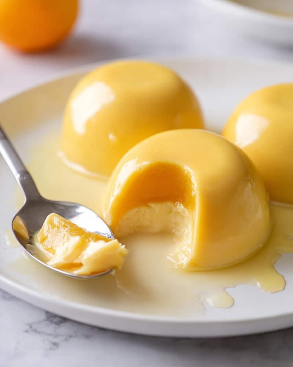 The image shows a white plate with three smooth, shiny, dome-shaped yellow puddings. One pudding is cut open on the bottom left, revealing a soft, creamy inside. A silver spoon holds a scoop of the pudding, showing its smooth texture and shiny surface. The plate has some white liquid around the puddings and is on a white marbled surface. A blurred orange fruit is visible in the background. Photo taken with an iphone --ar 4:5 --v 7