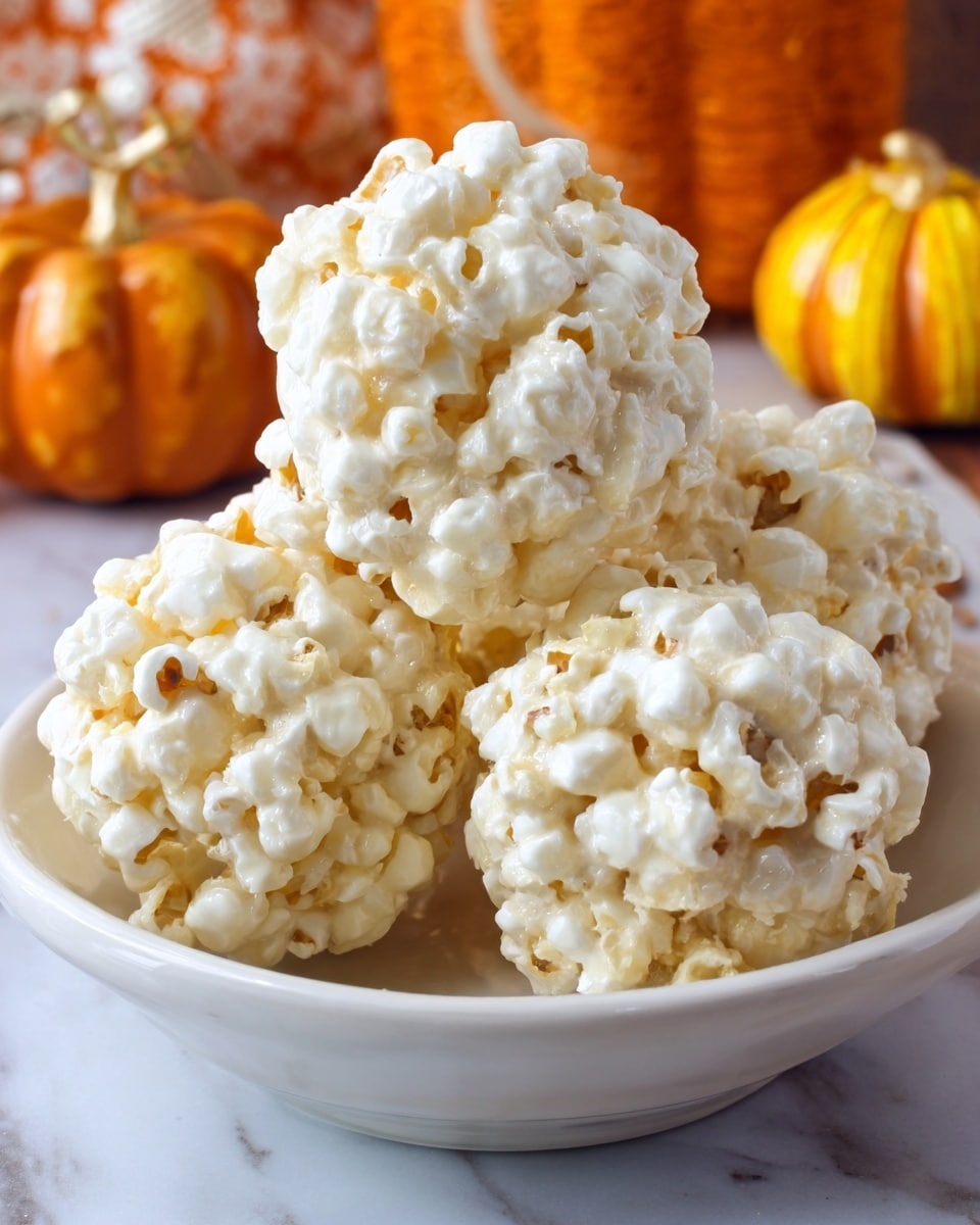 The image shows four round popcorn balls stacked in a white bowl. Each popcorn ball is tightly packed with white, shiny popped corn held together by a light, sticky coating. The popcorn pieces have a slightly glossy texture, making the balls look smooth but with visible popcorn kernels. The bowl is placed on a white marbled surface, with small decorative pumpkins in the background adding touches of orange and yellow. Photo taken with an iphone --ar 4:5 --v 7