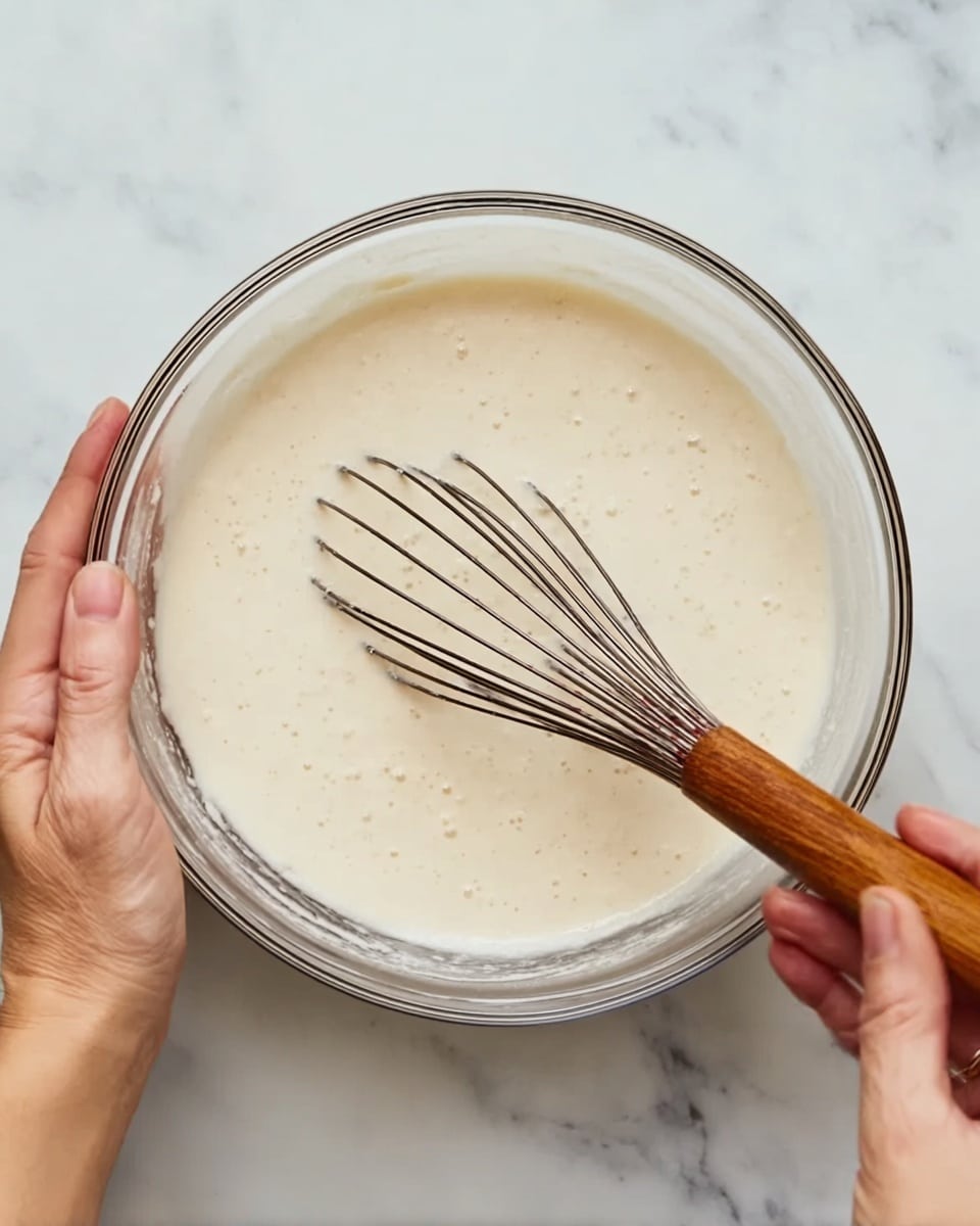 A clear glass bowl filled with a smooth, creamy white batter that has small bubbles on the surface. Inside the bowl, a whisk with thin black wires and a brown wooden handle is partially submerged in the batter. The bowl is held by two woman's hands on each side. The bowl rests on a white marbled surface. photo taken with an iphone --ar 4:5 --v 7