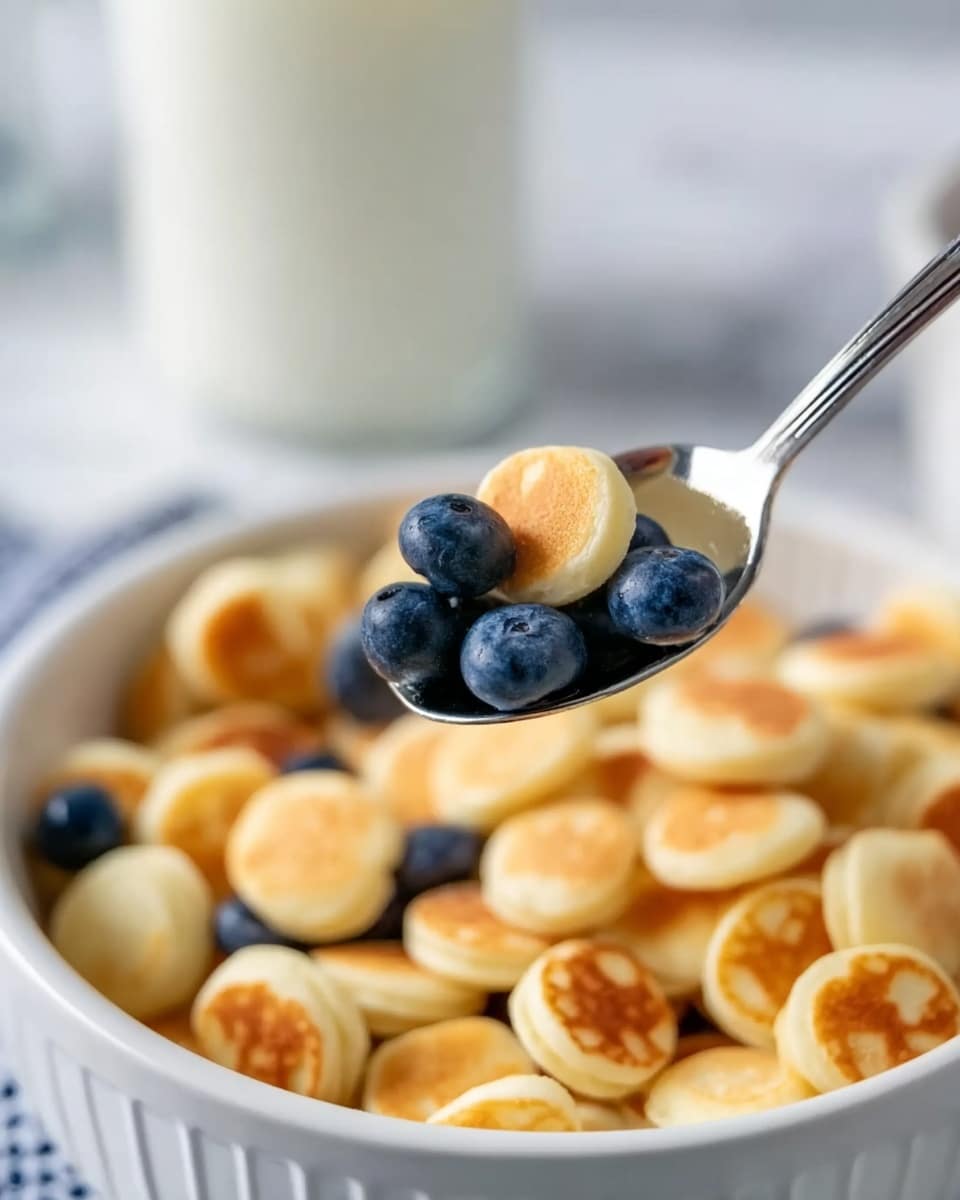 The image shows a close-up of a white bowl filled with tiny round pancakes that are light golden brown with a soft texture, mixed with fresh blueberries that add spots of deep blue color. A spoon holds a small bunch of the mini pancakes and blueberries above the bowl, focusing on their smooth, slightly browned tops. The background has a white marbled texture with a glass of milk slightly blurred in the distance. photo taken with an iphone --ar 4:5 --v 7