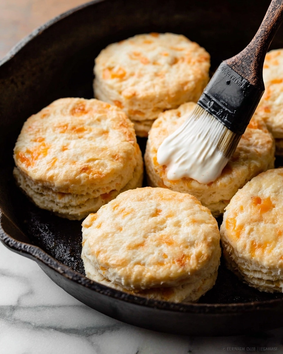 The image shows six round biscuits with a light golden color and visible bits of cheese inside, arranged in a black cast iron pan. Four biscuits have a smooth, slightly rough texture, and two are being brushed with a white, creamy liquid using a brush with a black handle. The biscuits have a fluffy, thick shape with about two layers visible in their cross-section, and the pan sits on a white marbled surface. photo taken with an iphone --ar 4:5 --v 7
