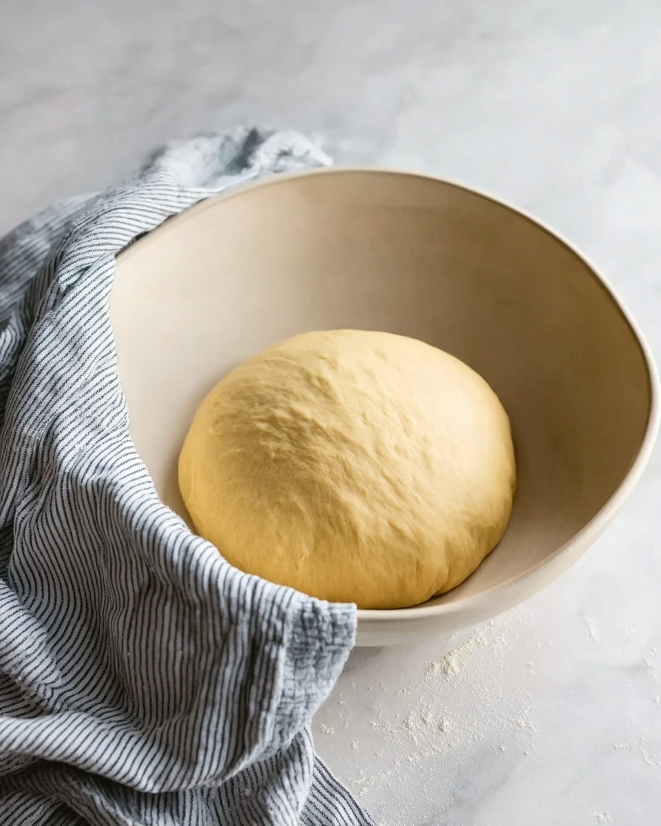 A ball of smooth, pale yellow dough sits in the center of a large white ceramic bowl with soft rounded edges. The dough has a slightly shiny surface, indicating it is well-kneaded, and fills about one-quarter of the bowl’s depth. The bowl rests on a white marbled surface that adds subtle light gray patterns around it. A gray and white striped cloth is casually draped around the left side of the bowl, creating gentle folds and soft shadows on the marble below. The photo has a soft, natural light highlighting the texture of the dough and the fabric. photo taken with an iphone --ar 4:5 --v 7