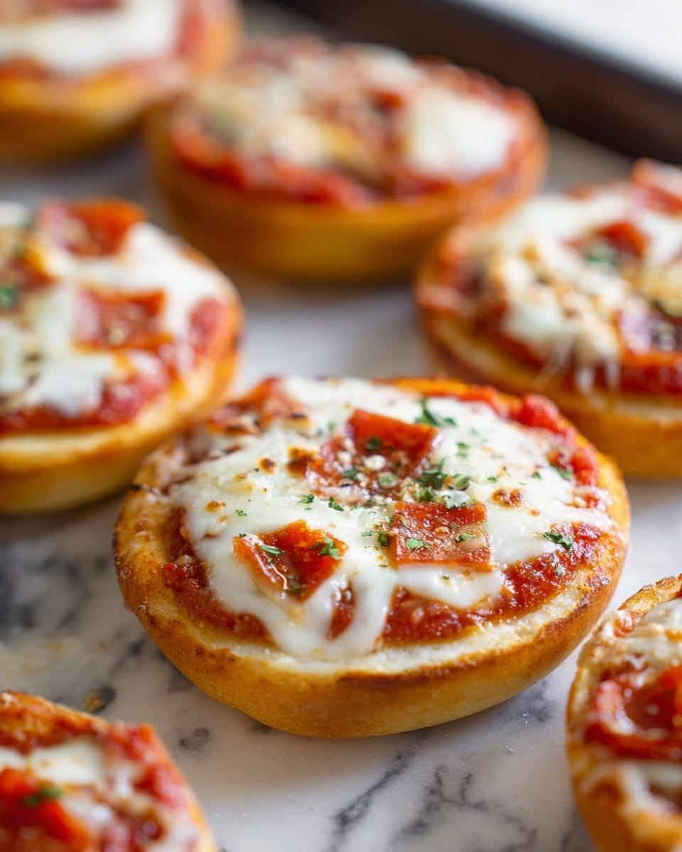 This image shows small round pizzas arranged on a baking tray with a white marbled surface underneath. Each pizza has a golden brown thick crust as the base layer. On top of the crust, there is a layer of red tomato sauce spread evenly. The next layer is a melted white cheese topping with a smooth, stretchy texture, scattered unevenly over the sauce. Small pieces of bright red pepperoni are placed on top of the cheese. Some green herbs are sprinkled lightly over the cheese and pepperoni. The pizzas are close together, but some are out of focus, giving depth to the image. photo taken with an iphone --ar 4:5 --v 7
