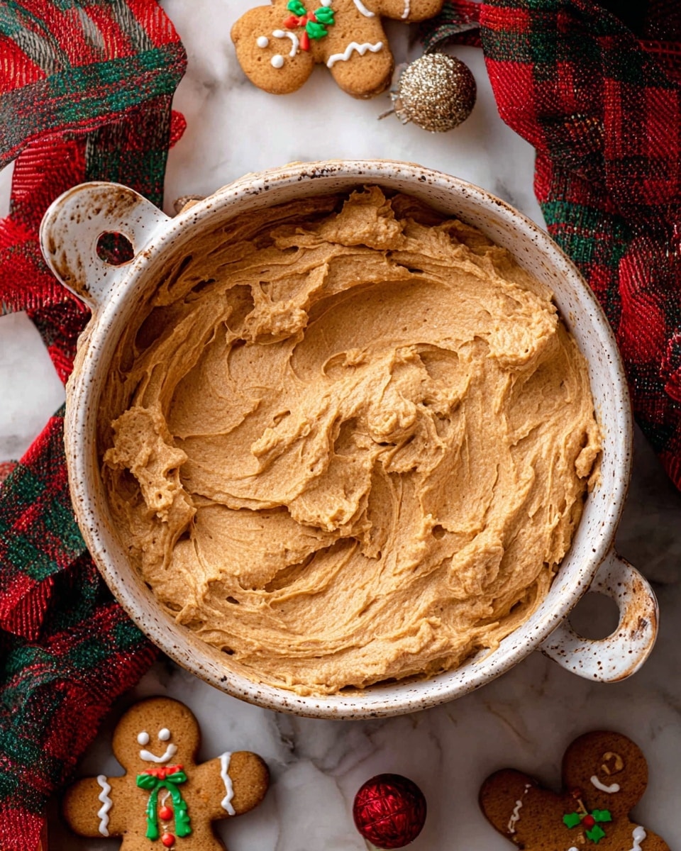 A close-up top view of a single-layered bowl filled with thick, light brown cream that has a rough, whipped texture with swirls and peaks all around. The bowl is white with small dark specks and two handles, resting on a white marbled surface. Around the bowl, there are four decorated gingerbread men cookies with white icing details and little green and red accents, along with a red and green plaid ribbon and a small red ornament ball scattered nearby. photo taken with an iphone --ar 4:5 --v 7