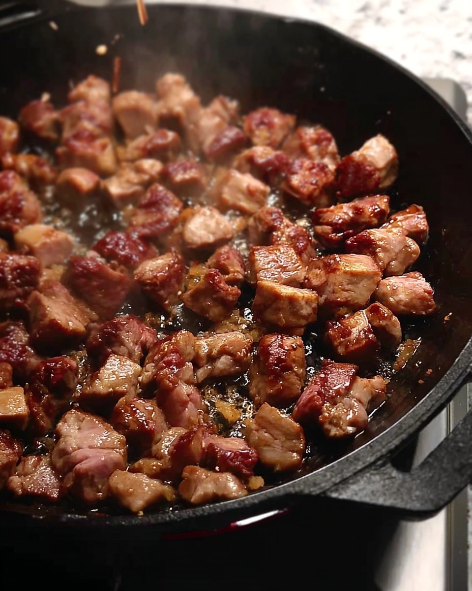 A close-up view of a black cast iron pan filled with many pieces of small, browned meat chunks being cooked, showing a mix of light and darker brown colors with a bit of pink in some pieces, placed on a stove with a slightly visible white marbled surface underneath the pan. photo taken with an iphone --ar 4:5 --v 7