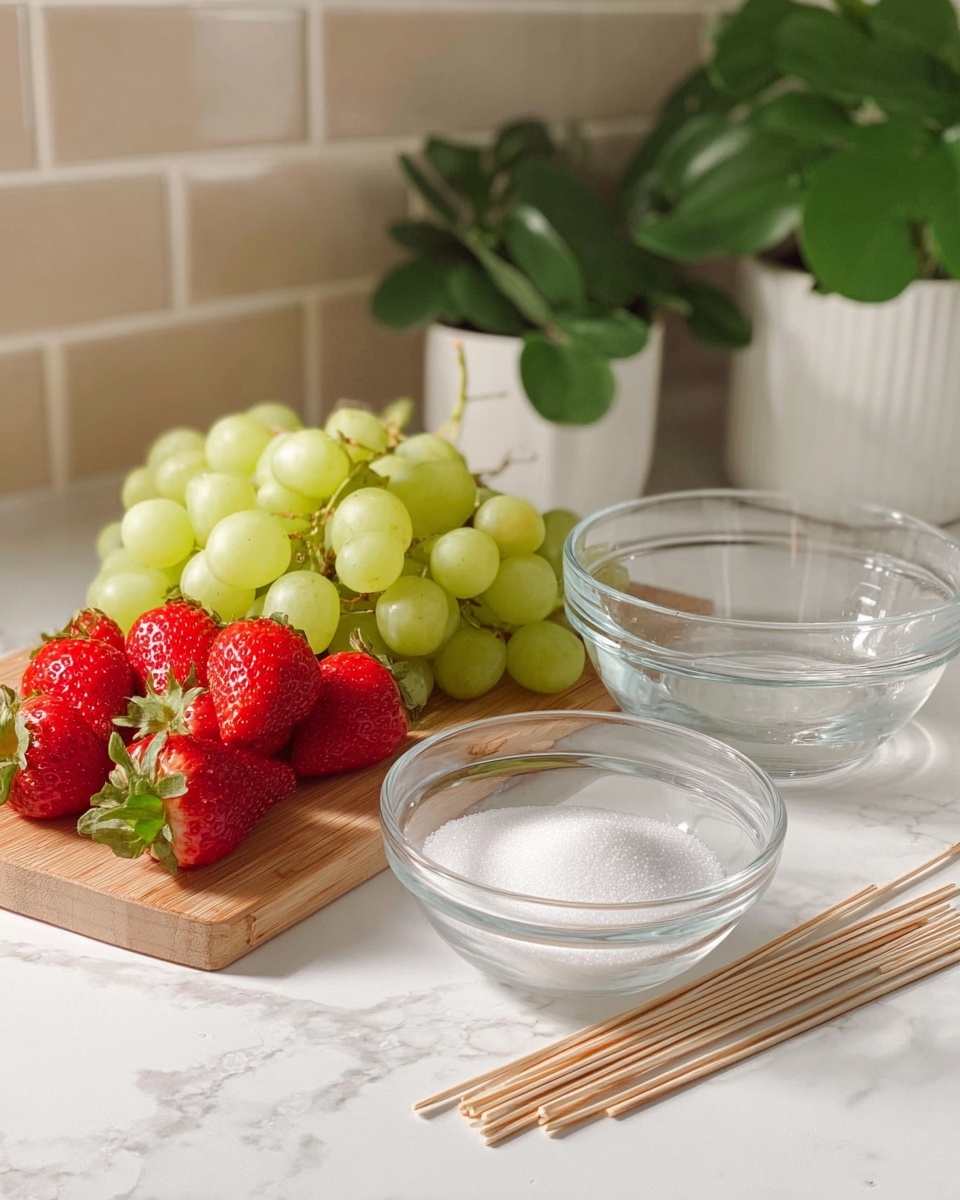 The image shows a small wooden board placed on a white marbled surface, holding a bunch of light green grapes and a cluster of bright red strawberries with green leaves. In front of the board, there are thin wooden sticks lying flat on the surface. Nearby, two clear glass bowls sit on the white marbled surface; one bowl is filled with white granulated sugar, and the other seems to hold water. In the background, there are green leafy plants in white pots, and white tiles with beige grout add texture behind the setup. The photo taken with an iphone --ar 4:5 --v 7