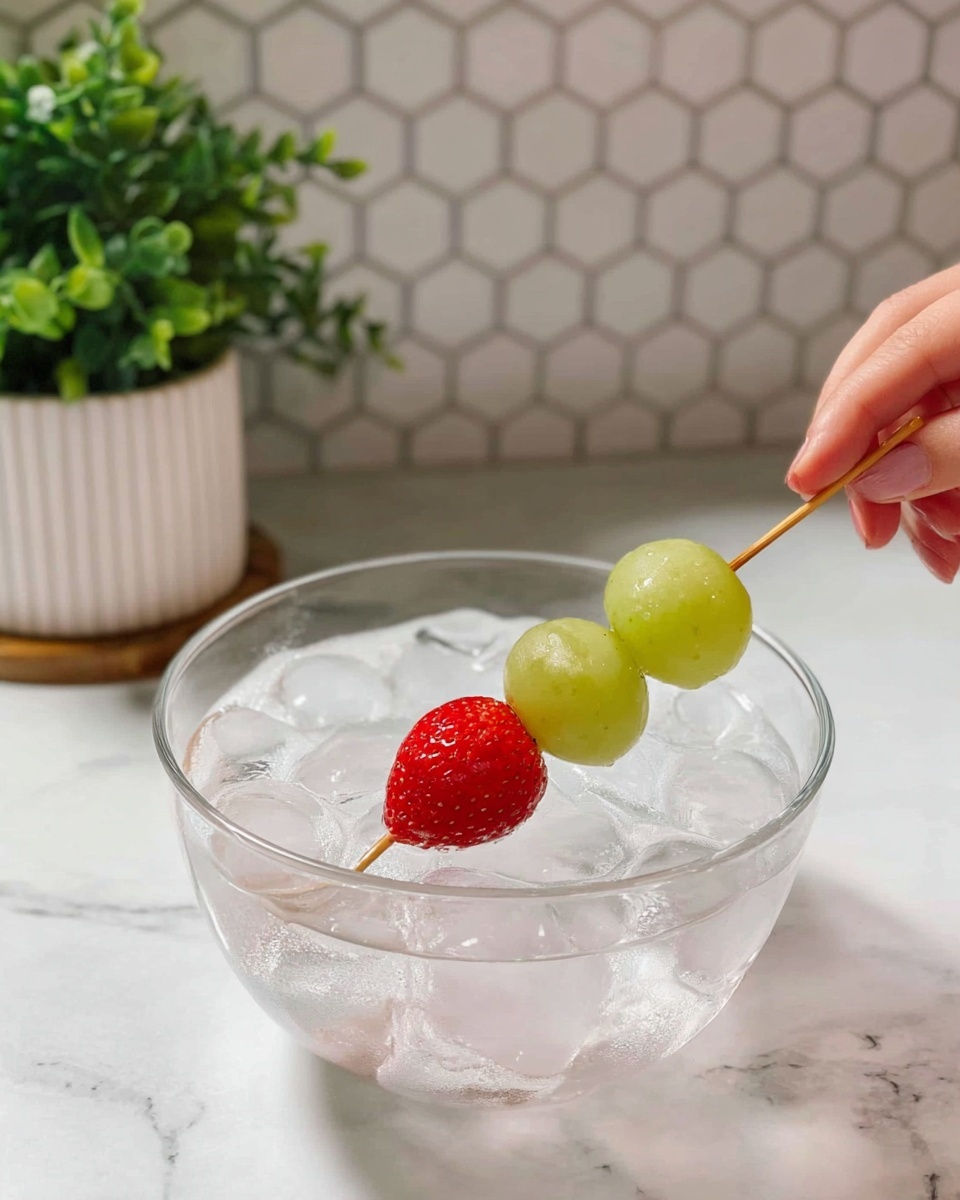 A clear glass bowl filled with ice cubes and cold water sits on a white marbled surface. A wooden skewer is held by a woman's hand on the right side of the image, piercing through three pieces of fruit: a red strawberry in the middle, flanked by two green grapes on each end. In the background, there is a green leafy plant in a white container against a white hexagonal tiled wall. The lighting is bright and natural. photo taken with an iphone --ar 4:5 --v 7