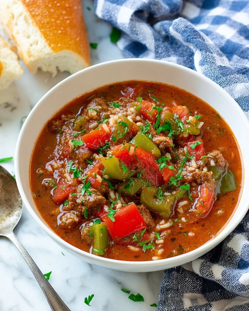 A white bowl filled with thick stew showing a mix of brown cooked meat, white grains of rice, bright red bell pepper pieces, and green bell pepper chunks, all covered in a rich brownish-red sauce. The stew is garnished with small green herbs sprinkled on top. The bowl is placed on a white marbled surface with a silver spoon nearby and a blue and white checkered cloth in the background. Two pieces of bread are partly visible behind the bowl. Photo taken with an iphone --ar 4:5 --v 7