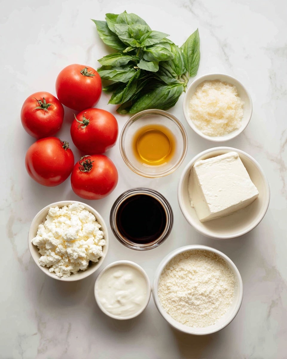 The image shows several ingredients on a white marbled surface, each in small white bowls or placed directly on the surface. There are four red tomatoes grouped on the left side. Above them is a bunch of fresh green basil leaves. To the right of the basil is a small white bowl with grated garlic. Below the garlic is a white bowl with golden olive oil. In the center is a white bowl holding a block of white cream cheese. Near it is a small glass bowl filled with dark balsamic vinegar. Below the vinegar is a white bowl with pale sour cream. A round white bowl holds white lemon juice located near the bottom center. To the left of it is a bowl filled with crumbly white feta cheese. Above the feta and centered are two small white bowls with salt and pepper side by side. All bowls have smooth textures and are cleanly arranged on the white marbled surface. Photo taken with an iphone --ar 4:5 --v 7