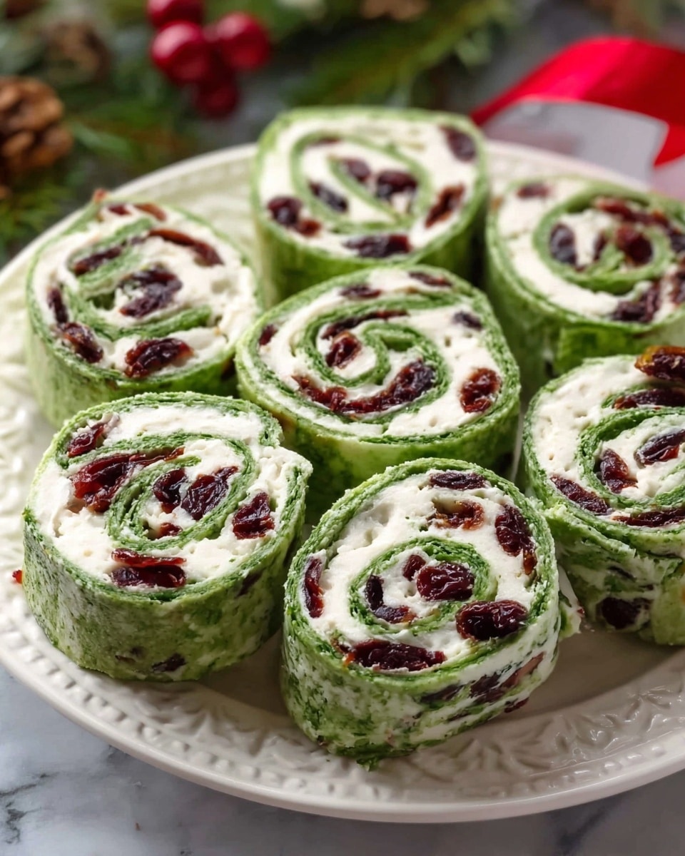 The image shows seven rolled pinwheel snacks arranged in a circle on a white plate with detailed patterns. Each roll has two visible layers: the outer layer is a green spinach or herb wrap, smooth and soft in texture, while the inner layer is white cream cheese spread mixed with dark red dried cranberries scattered evenly throughout. The rolls are thick and tightly rolled, showing clear spirals. The background is a white marbled surface, and the setting has holiday-themed decor with some red and green hints blurred in the background. photo taken with an iphone --ar 4:5 --v 7