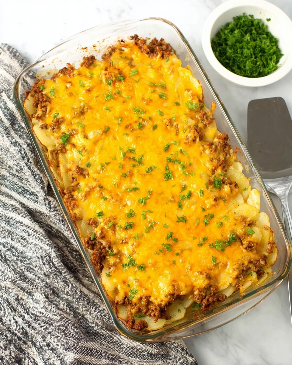 A clear glass rectangular baking dish shows a layered casserole with three distinct layers: a base layer of light-colored sliced potatoes, a middle layer of crumbled browned ground meat mixed with bits of onion, and a top layer of melted bright orange cheddar cheese sprinkled with small green parsley pieces. The dish sits on a white marbled surface, next to a silver spatula and a gray striped cloth with a small white bowl of fresh green parsley on top. Photo taken with an iphone --ar 4:5 --v 7
