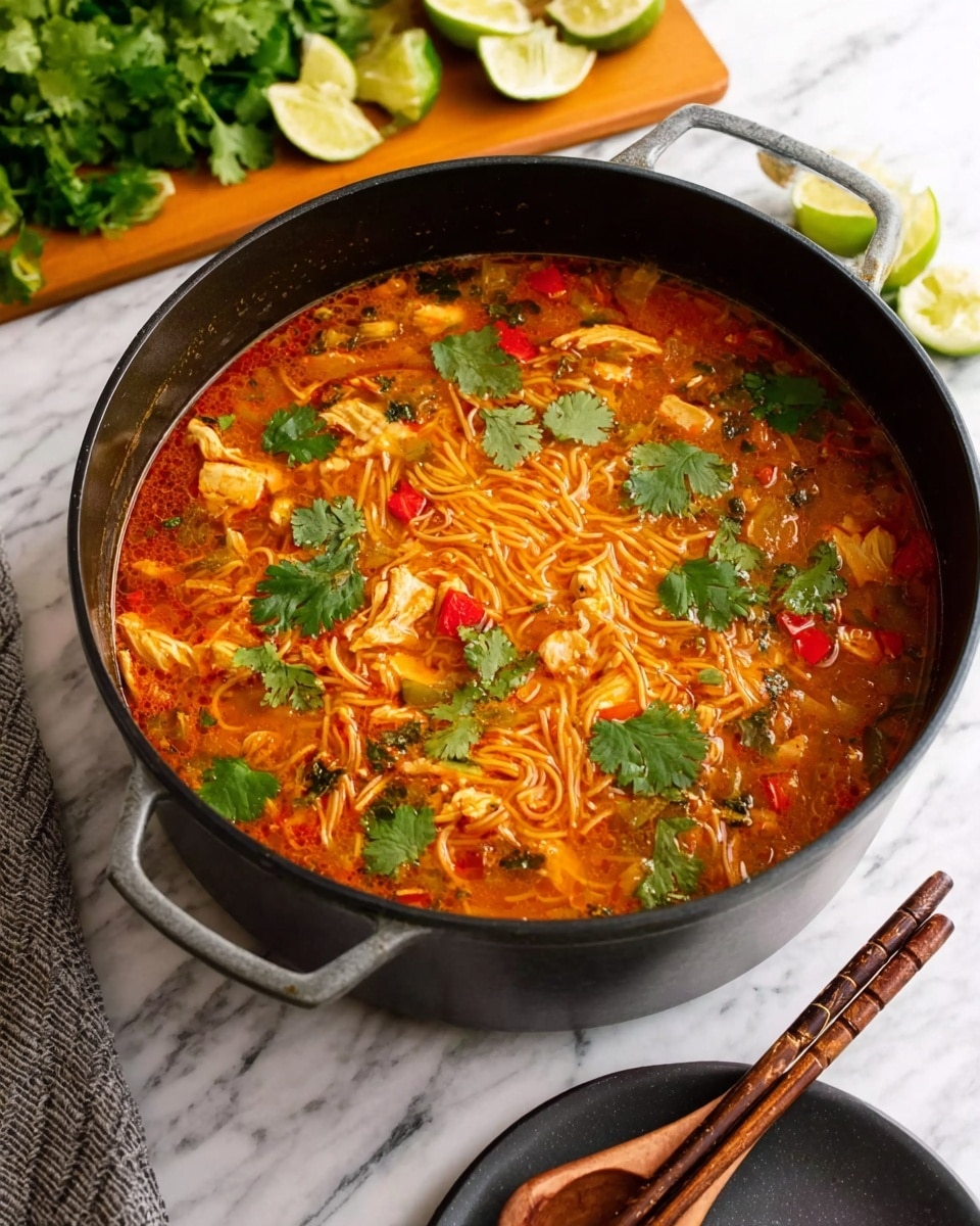A large black pot filled with a rich, orange-red soup containing thin noodles, pieces of light-colored chicken, and small red and green chopped vegetables. Fresh green cilantro leaves are scattered on top of the soup. The pot is on a white marbled surface with lime wedges and a bunch of cilantro on a wooden board in the background. In the foreground, there is a dark gray empty round plate with brown chopsticks resting on it. Photo taken with an iphone --ar 4:5 --v 7