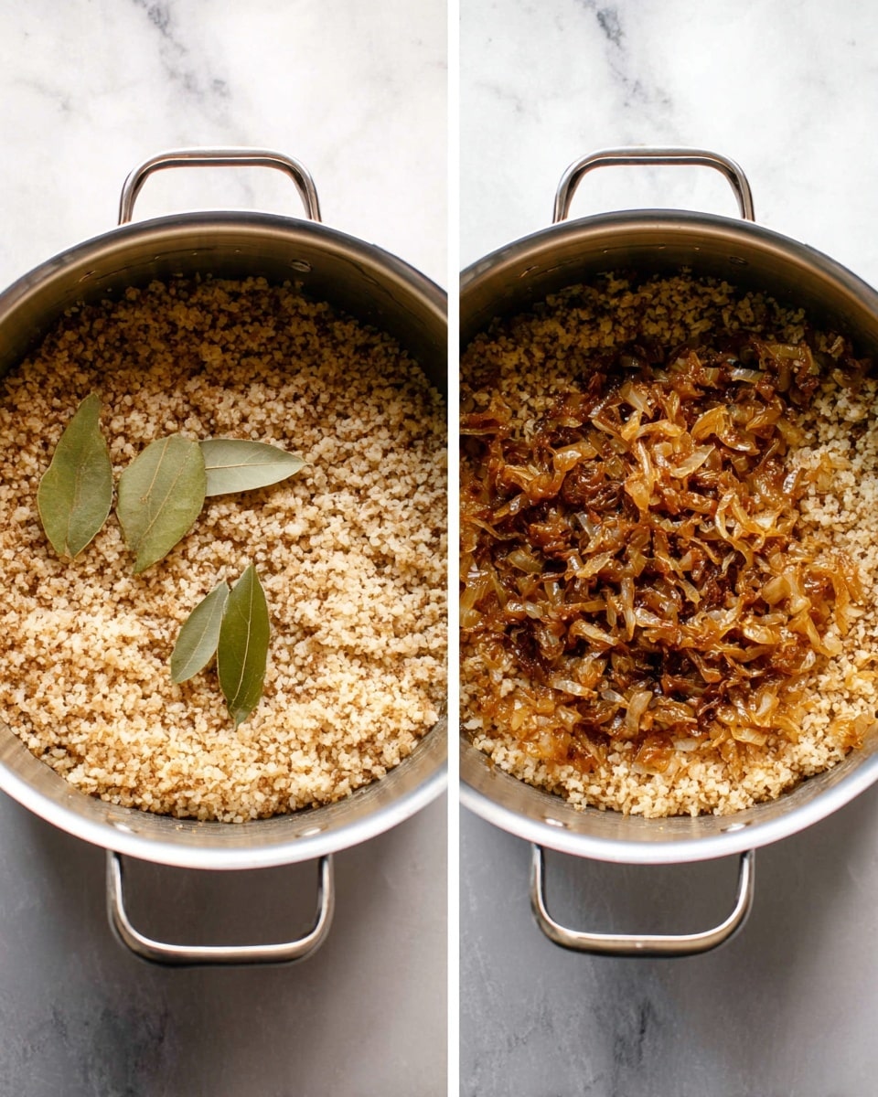 A silver pot sits on a white marbled surface. Inside the pot is a single layer of cooked grains that are light brown and beige, with two green bay leaves laying on top in the left image. In the right image, the same brown and beige grains fill the pot, but there is a new layer of caramelized onions with a shiny, golden-brown and slightly dark color resting on the right side of the grains. Photo taken with an iphone --ar 4:5 --v 7