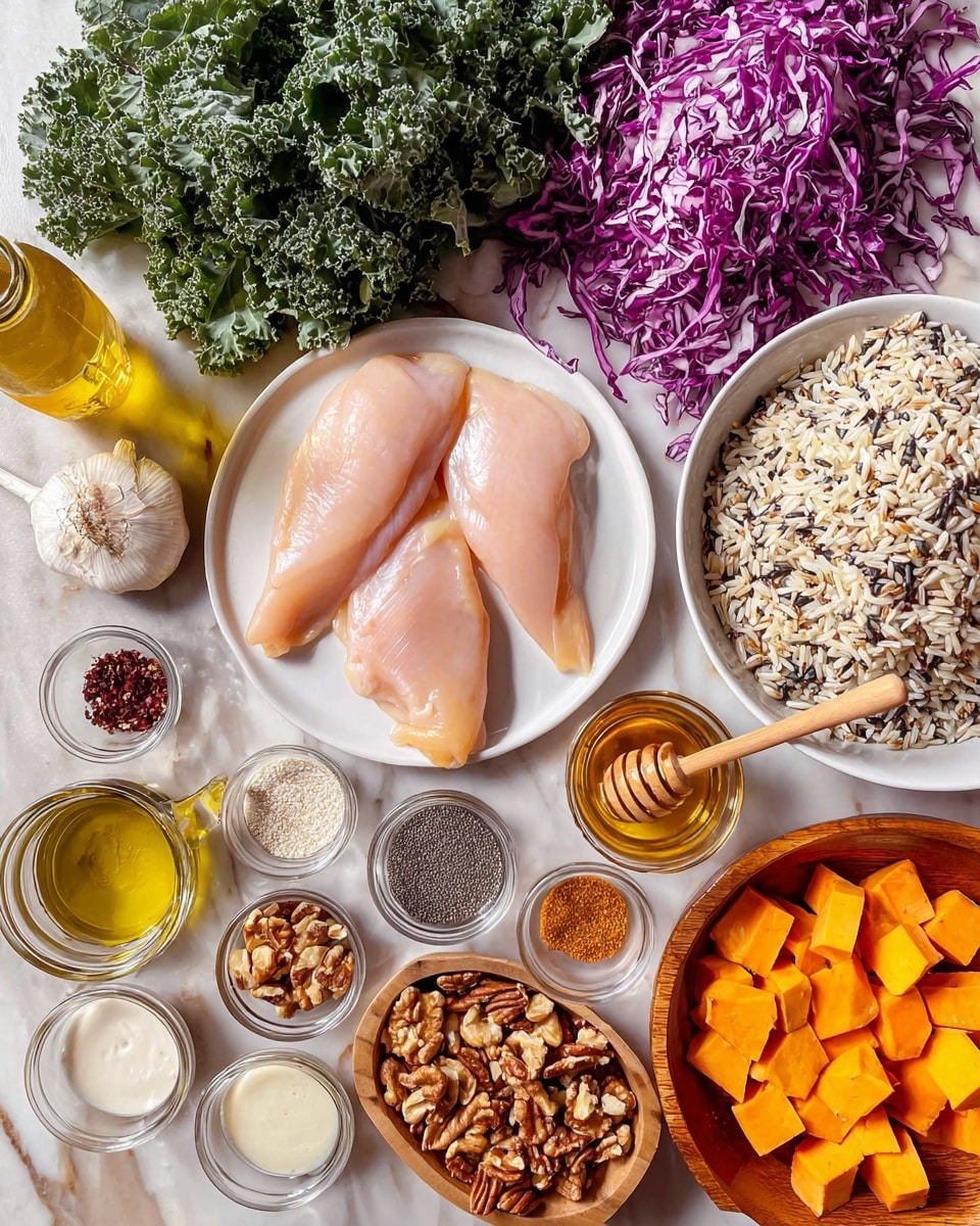 The image shows a white marbled surface covered with many fresh ingredients arranged neatly. At the center, there are three raw chicken pieces with a smooth, pale pink color. Above them are layers of chopped dark green kale and shredded purple cabbage, creating a fresh, leafy contrast. To the right, there is a white bowl filled with a mix of wild rice, displaying light and dark grains. Below the rice, a wooden bowl contains bright orange, cubed sweet potatoes. On the left side of the chicken, there are small bowls holding chopped garlic, different spices in various colors including red, black, and brown, and creamy sauces in white bowls. Also visible is a jar of honey with a dipper, a round bowl of chopped nuts in light and dark brown shades, and a transparent bottle with golden oil. The overall arrangement is colorful and textured, set on a clean white marbled surface. Photo taken with an iphone --ar 4:5 --v 7