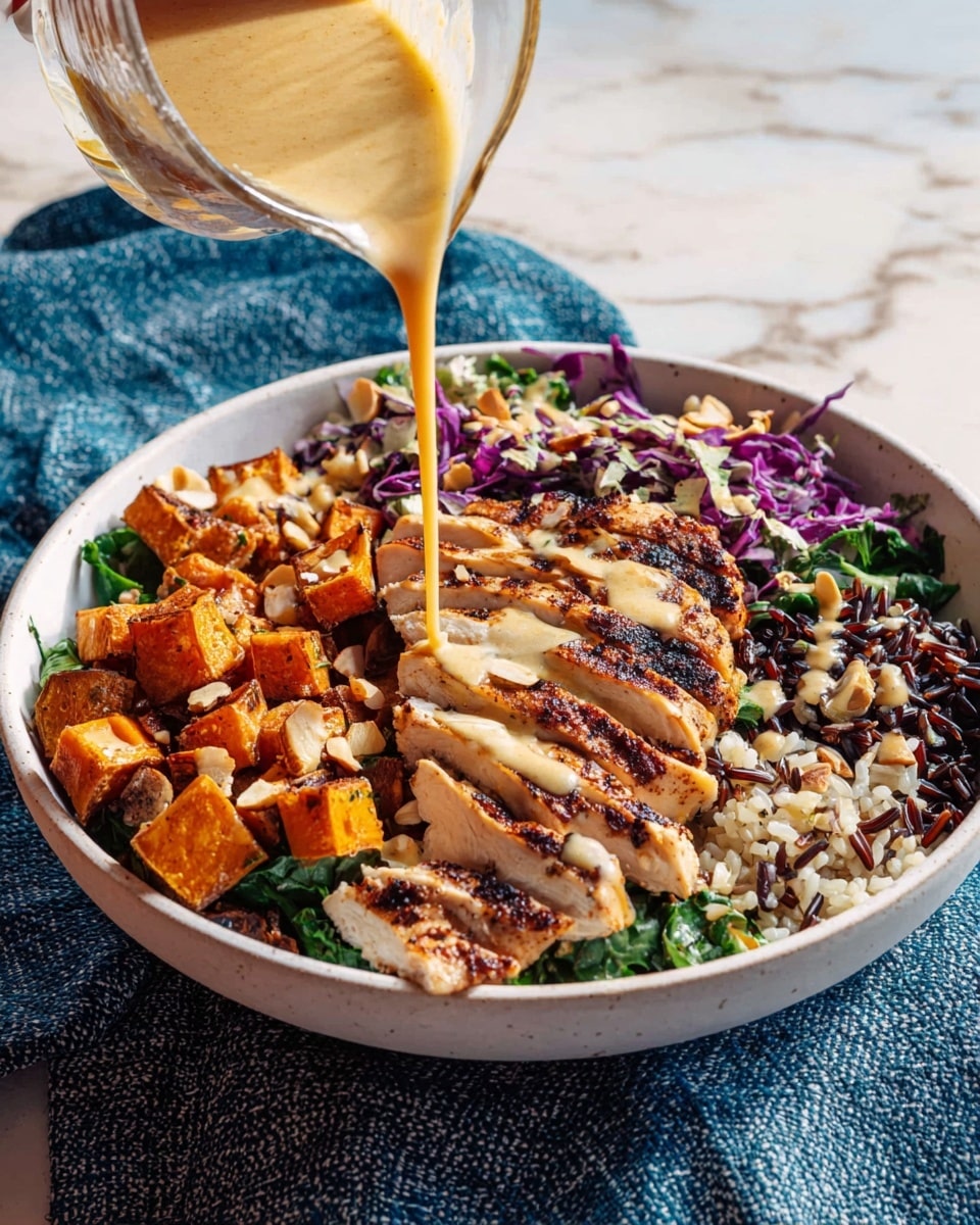 A white bowl sits on a blue and white fabric over a white marbled surface, filled with a colorful layered dish. The bottom layer consists of dark wild rice mixed with light-colored grains, visible on the right side. Above the rice, there are roasted cubed sweet potatoes, golden orange with slightly charred edges, scattered throughout the bowl. Next to the sweet potatoes, finely chopped green leafy vegetables and shredded purple cabbage add fresh green and purple colors across the bowl. Thick slices of grilled chicken with dark brown grill marks and a juicy, light interior are placed on the left side in the center. Chopped nuts are sprinkled lightly over the ingredients. A creamy light brown sauce is being poured over the grilled chicken from a glass container held by a woman's hand, adding a smooth texture to the top of the dish. Photo taken with an iphone --ar 4:5 --v 7