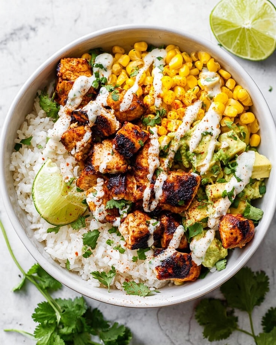 A white bowl filled with three main layers is shown from above. The bottom layer is white rice mixed with pieces of fresh green cilantro. The middle layer is bright yellow corn kernels scattered evenly. The top layer has grilled brown and slightly charred chicken pieces tossed with more cilantro and small green avocado chunks. Drizzled over the chicken is a white creamy sauce with a light dusting of red spices. There is a green lime wedge placed on the edge of the bowl. The bowl rests on a white marbled surface with some cilantro leaves and a lime cut in half nearby. Photo taken with an iphone --ar 4:5 --v 7
