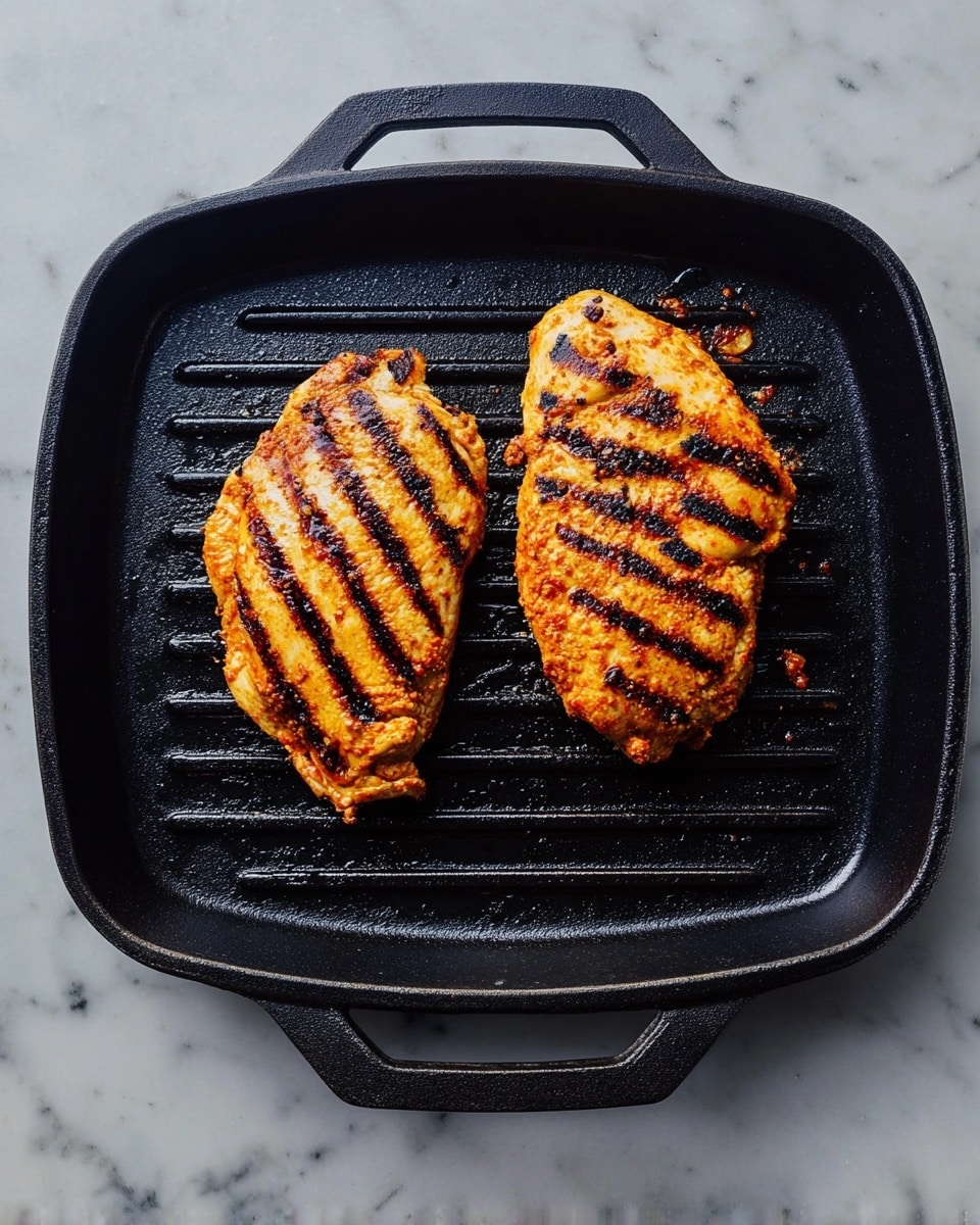 Two grilled pieces of chicken with dark grill lines are placed side by side on a black cast iron grill pan with handles on both sides. The chicken has a golden brown color with hints of orange seasoning and slightly charred edges. The grill pan rests on a white marbled surface. photo taken with an iphone --ar 4:5 --v 7