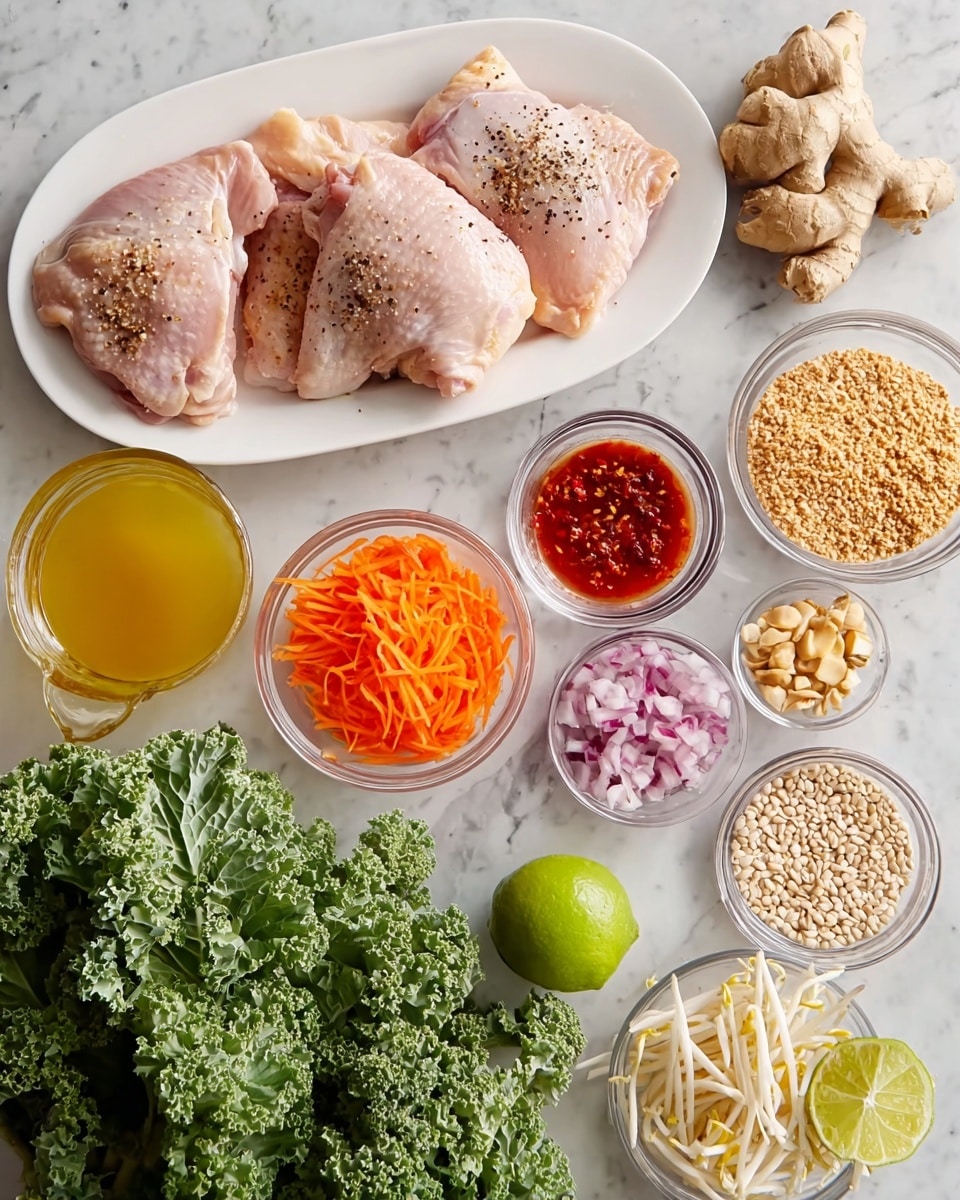The image shows a white oval plate at the top center holding four pieces of raw chicken thighs sprinkled lightly with black pepper. Below the plate, there are several small clear glass bowls arranged in a semi-circle displaying ingredients: bright orange shredded carrots, light brown sugar, chili sauce with red flakes, chopped shallots, raw grains, peanut halves, and soy sauce. On the right side next to the plate, there are fresh green kale leaves with curly edges, a piece of light brown ginger root, light yellow bean sprouts, and a small container with white powder. The bottom left corner features a halved lime with a vivid green rind and a jug of golden broth. All the items are placed on a white marbled surface giving the scene a fresh and clean look. Photo taken with an iphone --ar 4:5 --v 7