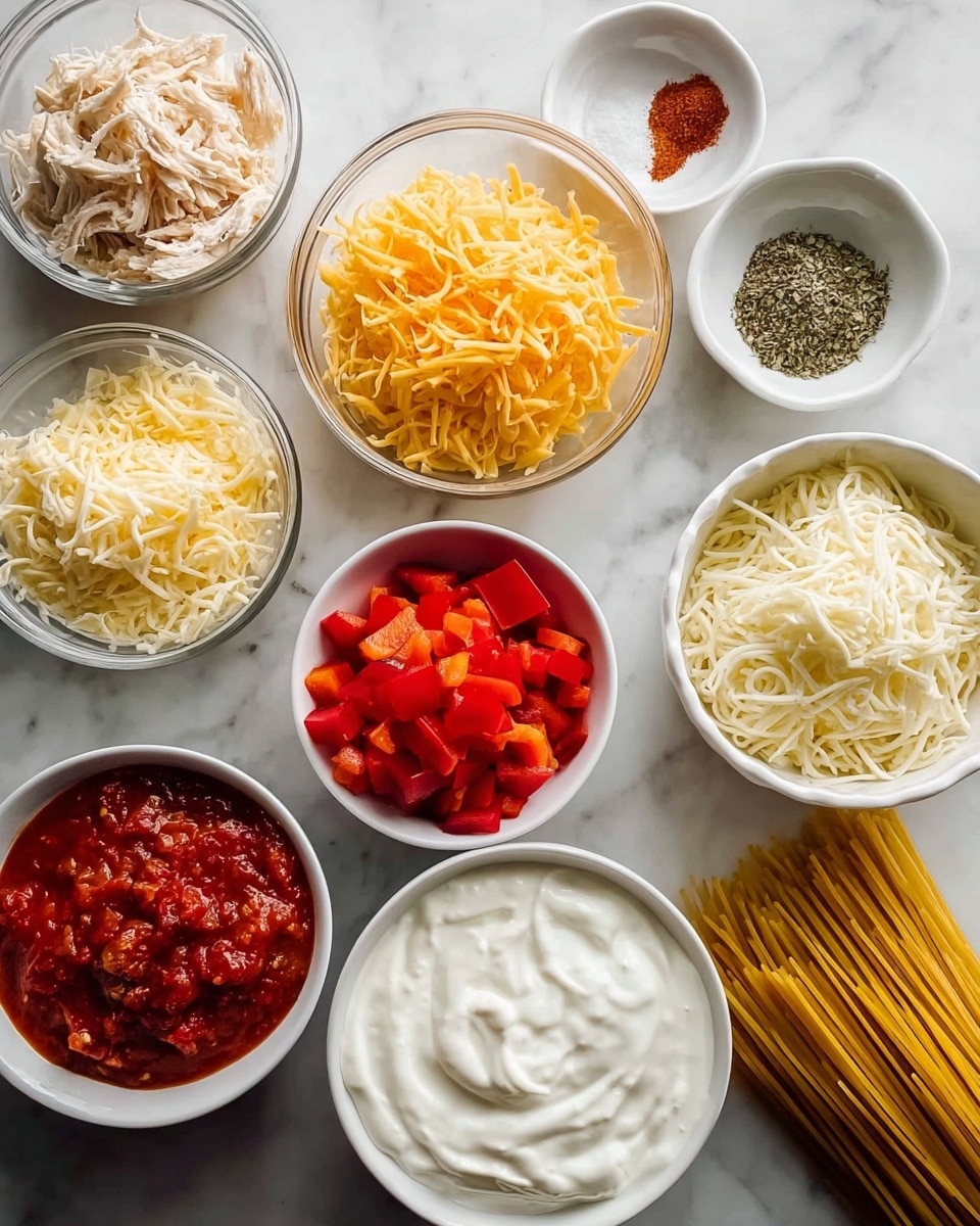 Several small white bowls and one clear bowl are arranged on a white marbled surface. From top left going clockwise, there is shredded chicken with fine texture in a clear bowl, bright red chopped bell peppers in a white bowl, thin yellow shredded cheese in a white bowl, a small white bowl of thin white shredded cheese, laundry string pasta in the upper right corner, small white bowls with white salt, reddish-brown spice, and green dried herbs, and a white bowl filled with thick white sour cream or yogurt. Near the bottom left, there is a white bowl with chunky red tomato sauce. Photo taken with an iphone --ar 4:5 --v 7