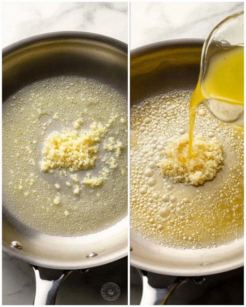 The image shows two side-by-side photos of a silver pan on a white marbled surface. In the left photo, the pan is filled with melted butter that is bubbling gently, with finely chopped garlic sitting in the middle. In the right photo, a yellow liquid is being poured into the pan around the garlic, causing small bubbles in the melted butter. The pan has a smooth texture with a slight reflection from the liquid. The scene looks clean and bright, focused closely on the pan and its contents. photo taken with an iphone --ar 4:5 --v 7