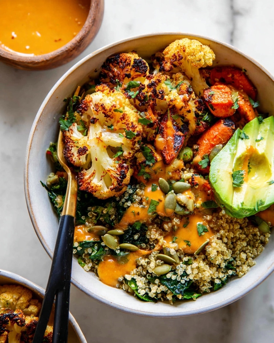 The image shows a white bowl filled with a colorful, layered dish. At the bottom is a layer of cooked quinoa mixed with green leafy vegetables, likely kale, with some orange sauce drizzled over it. On top, there are several pieces of roasted cauliflower with a charred, golden-brown texture and roasted orange carrot chunks. To the side, there is half of a sliced avocado with a smooth, green texture. The dish is sprinkled with small green pumpkin seeds and chopped fresh herbs, adding a touch of green. A black and gold fork is placed inside the bowl. The bowl rests on a white marbled surface with a small bowl of orange sauce visible in the top left corner. Photo taken with an iphone --ar 4:5 --v 7