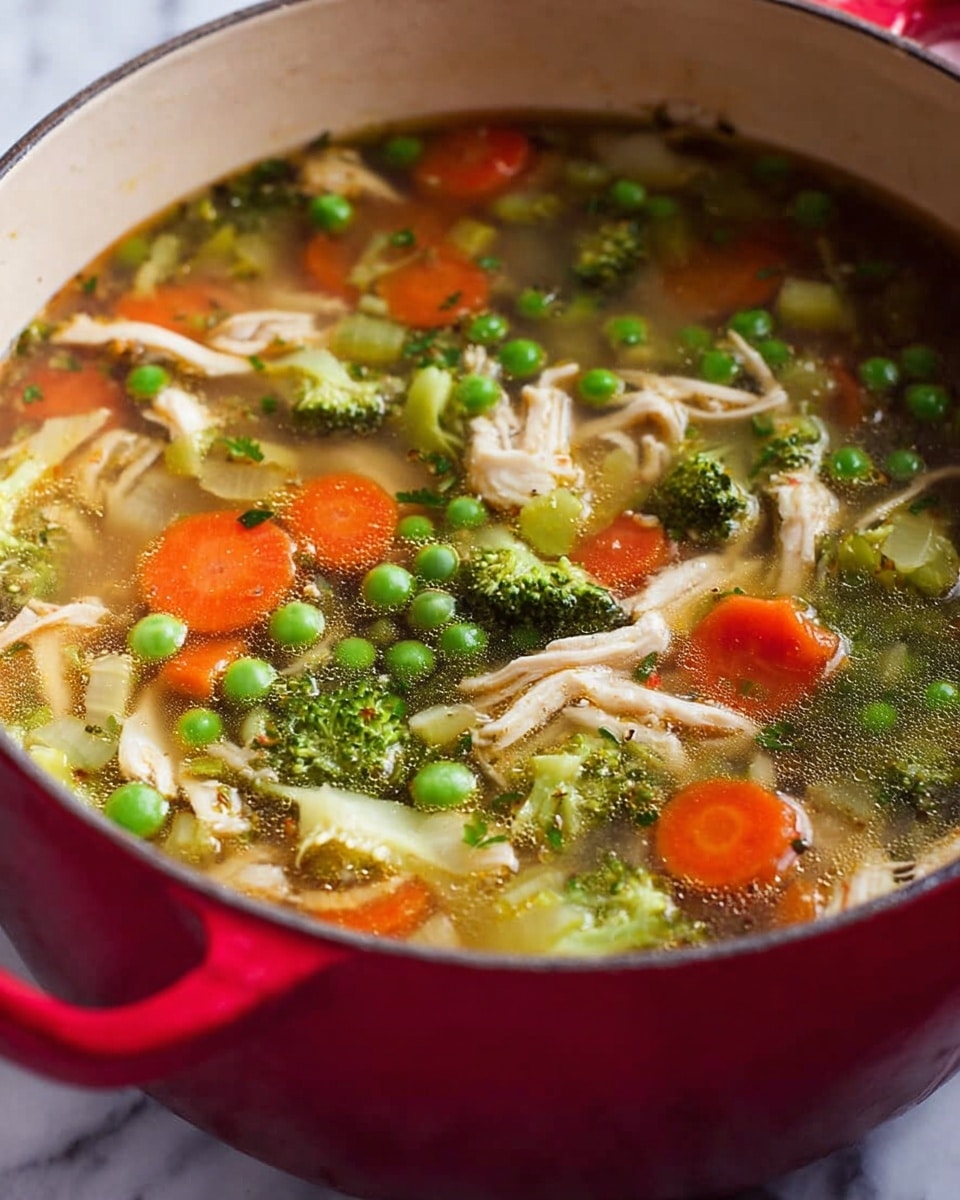 A close-up view of a red pot filled with clear broth soup, showing three main layers: the top layer with small bright green peas scattered throughout, the middle layer with thick slices of orange carrots and light green celery pieces, and the bottom layer with light shredded chicken and dark green broccoli florets giving a mix of textures. The soup has a warm and comforting look. The pot sits on a white marbled surface. Photo taken with an iphone --ar 4:5 --v 7
