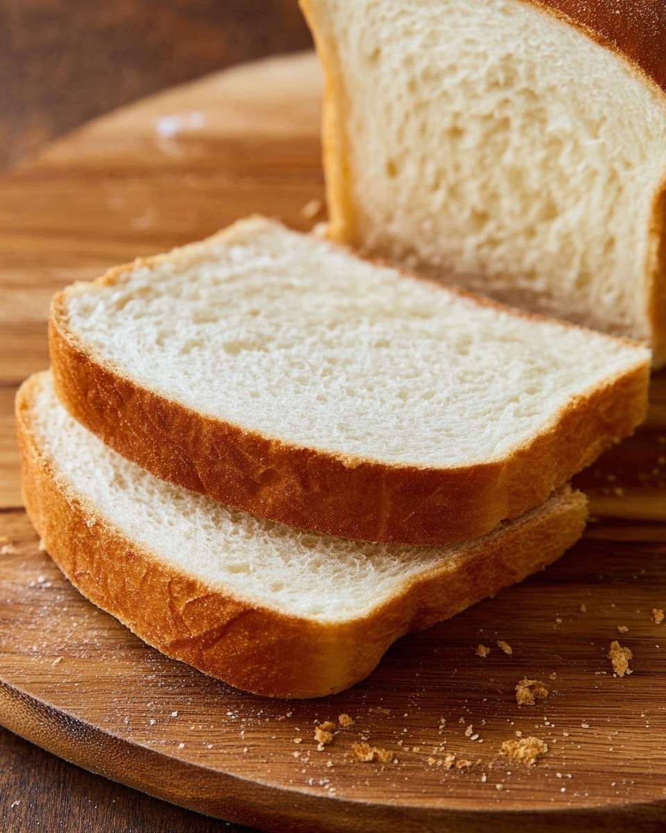 The image shows a close-up of three slices of soft bread placed on a round wooden cutting board. The bread has a light golden-brown crust with a soft, white, and fluffy inside. The slices are stacked, with one slice lying flat on the board and the other two leaning against each other in the background. The wooden cutting board has a smooth texture with visible wood grain patterns, and there are a few bread crumbs scattered around. The photo taken with an iphone --ar 4:5 --v 7