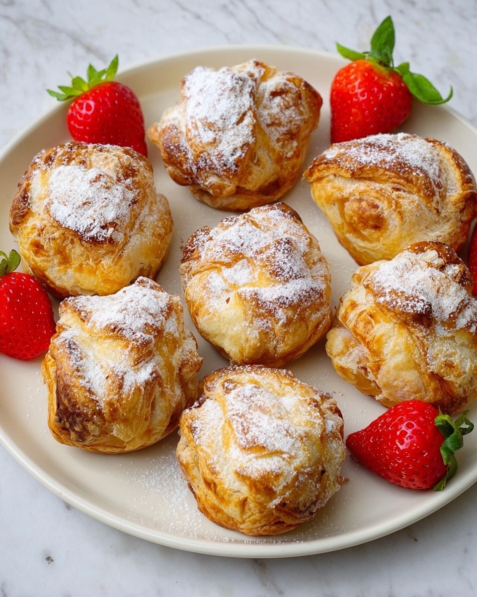 The image shows eight small round pastries with a golden-brown crust on a white plate. Each pastry is wrapped with a crinkled, flaky top layer dusted with powdered sugar, giving a light white finish. The pastries are arranged in a loose circular pattern with bright red strawberries, some whole with green leaves, placed around them on the white plate. The plate sits on a white marbled surface, creating a clean and fresh background. photo taken with an iphone --ar 4:5 --v 7