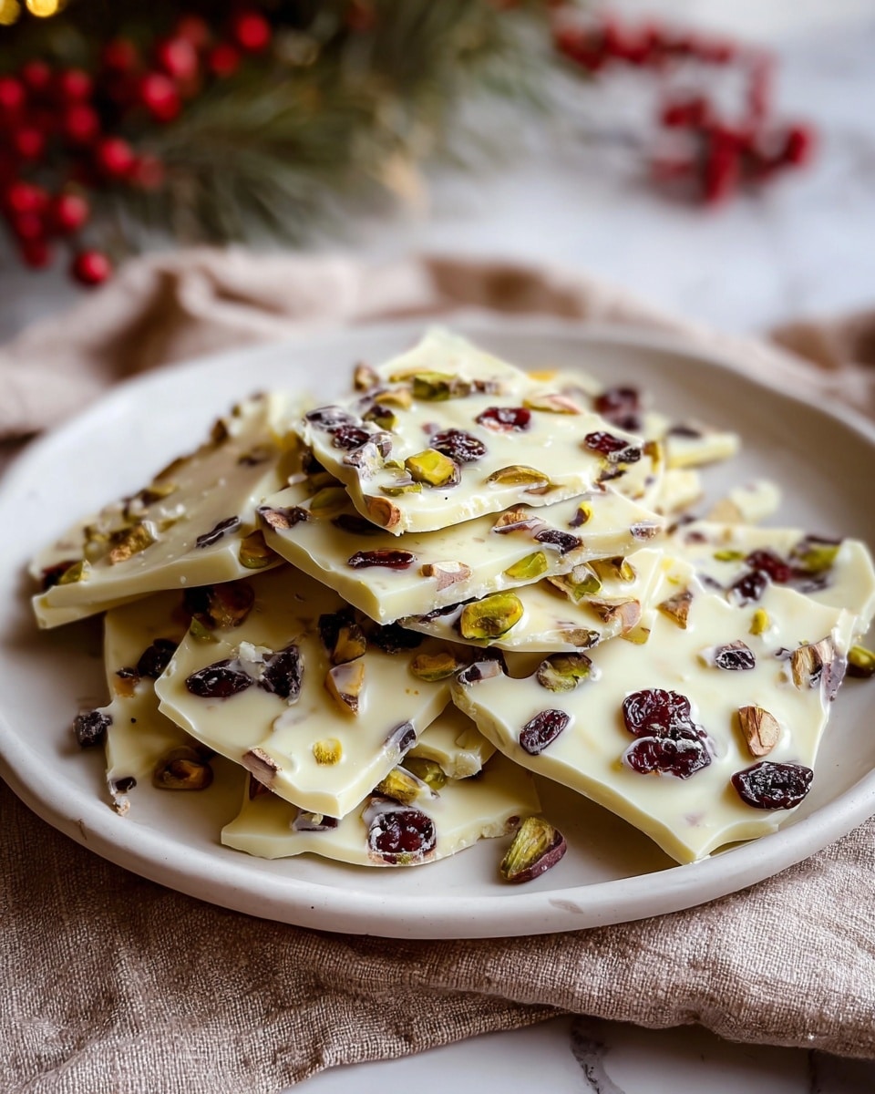 The image shows a white plate filled with white chocolate bark pieces layered in a small pile. Each piece is thin and studded with whole pistachios and dark dried cranberries spread evenly across the cream-colored surface. The bark pieces have a smooth texture with some rough edges where they were broken apart. The plate sits on a soft, beige cloth with a blurred background featuring some greenery and red berries, all placed on a white marbled surface. photo taken with an iphone --ar 4:5 --v 7