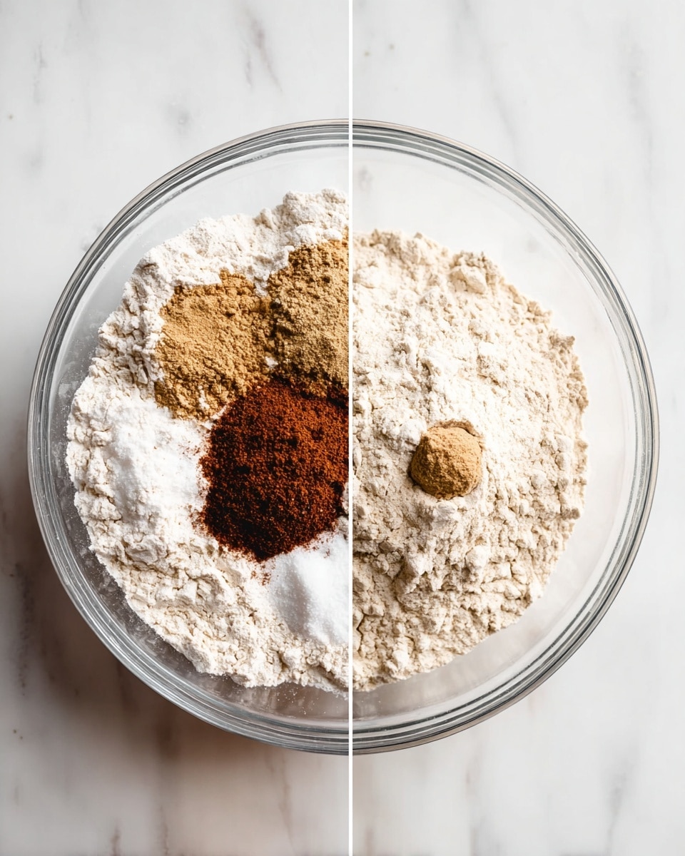 Two side-by-side images show a clear glass bowl on a white marbled surface. On the left, the bowl holds five separate piles of ingredients: a large base of white flour, and on top of it a light brown powder, reddish-brown powder, dark brown powder, white powder, and a small mound of salt. On the right, these ingredients are fully mixed together into a fine, light beige flour mixture with a small whole in the center. photo taken with an iphone --ar 4:5 --v 7