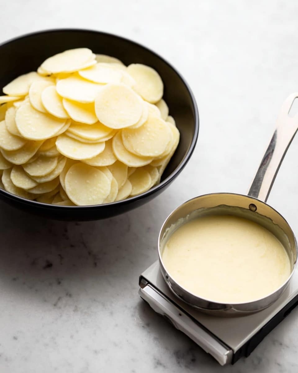 A black bowl filled with many thin, round, pale yellow potato slices stacked loosely on top of each other, placed on a white marbled surface. Next to the bowl, there is a white flat slicer with a black handle. On the right side of the image, a small silver saucepan with a shiny handle contains a smooth, creamy light yellow sauce, also resting on the same white marbled surface. photo taken with an iphone --ar 4:5 --v 7