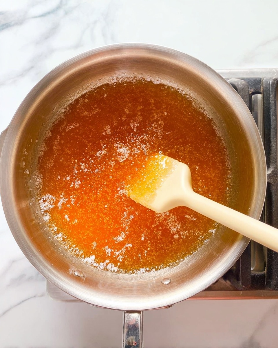 A silver metal pot sits on a stove with a white marbled surface. Inside the pot, there is a thick, bubbling orange syrup with small white granules on top, being stirred by a light beige silicone spatula. The spatula is partially submerged in the syrup, showing some orange stains. The scene has a clean, bright look with a close-up view focusing on the texture and color of the syrup. photo taken with an iphone --ar 4:5 --v 7