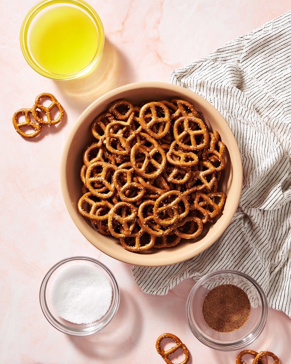 A large beige bowl filled with many small golden brown pretzels sits on a white and black striped cloth on a light pink surface. Around the bowl are a few scattered pretzels. Above the bowl is a small clear glass bowl with a bright yellow liquid. Below the bowl are two more small clear glass bowls, one filled with white granulated sugar and the other with a dark brown powder, likely cinnamon. The setting is bright with soft light and a clean look, and the background is a white marbled texture photo taken with an iphone --ar 4:5 --v 7