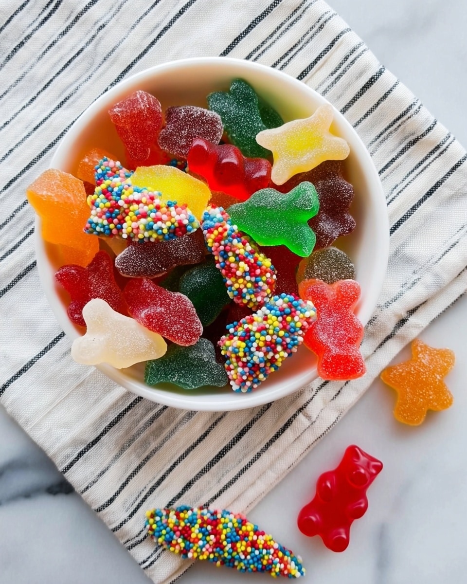 A white bowl filled with a mix of colorful gummy candies sits on a white marbled cloth with thin black lines. Inside the bowl, there are multiple layers of sweets: bright red and orange gummy shapes, green gummy bears, white star-shaped gummies, and brown sugar-coated pieces. Among these are yellow and red gummy sticks topped with small round candy sprinkles in red, green, yellow, and blue. Outside the bowl on the cloth are a few similar candy pieces, including one red gummy bear and several sprinkle-topped gummy sticks. The overall look is bright and playful, showing the different candy textures and colors clearly. Photo taken with an iphone --ar 4:5 --v 7