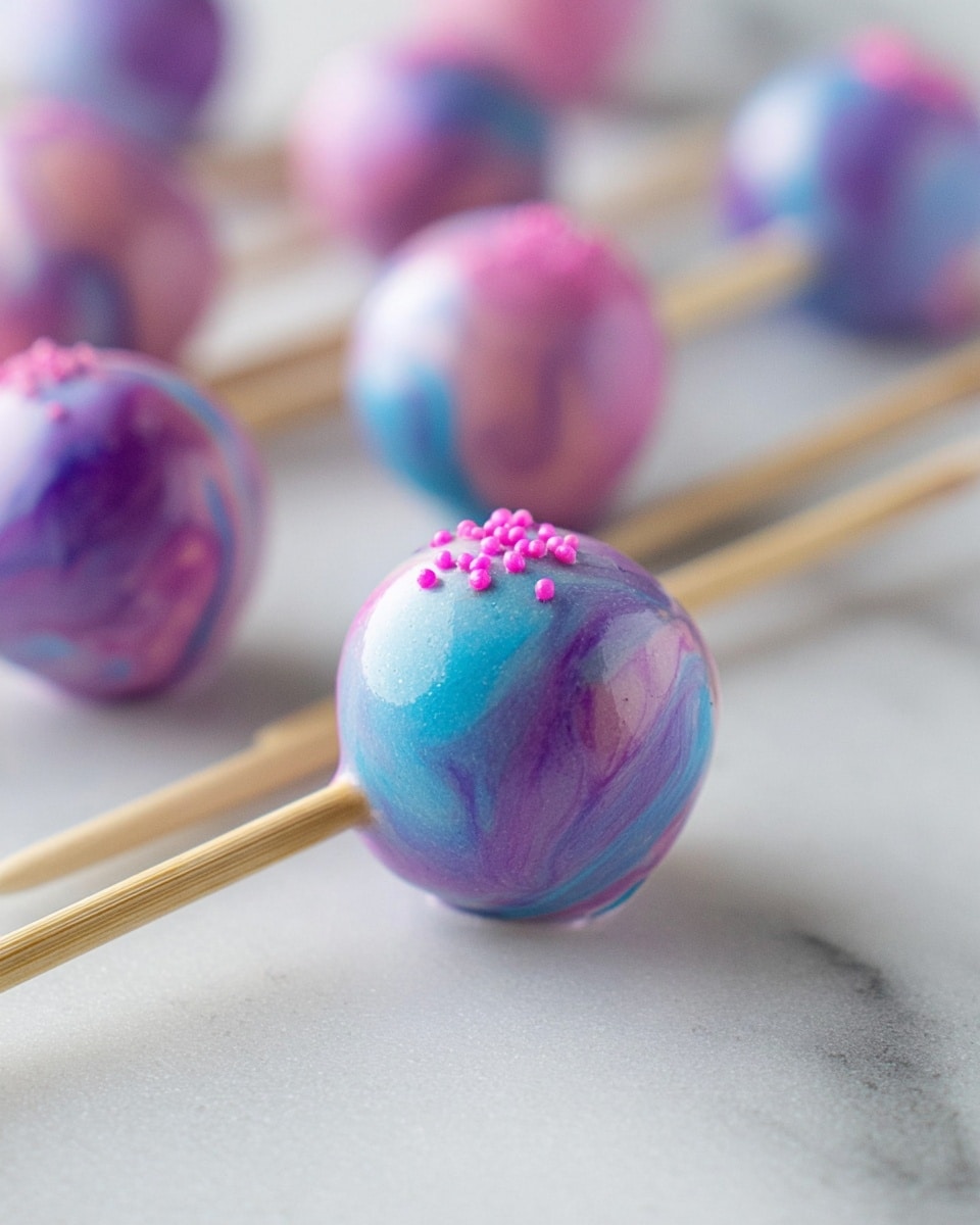 The image shows several small round treats on wooden sticks arranged diagonally on a white marbled surface. Each treat is coated with a shiny, smooth layer that swirls together shades of light purple, pink, and blue, giving a marble-like effect. The closest treat to the camera is sharply focused, showing a glossy texture with tiny specks of pink decoration on top. The other treats in the background are blurred but have the same mixed colors and glossy look. Photo taken with an iphone --ar 4:5 --v 7