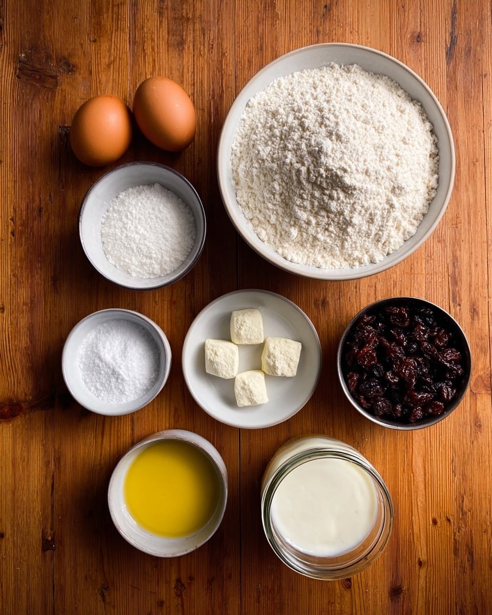 The image shows seven cooking ingredients arranged neatly on a wooden table. At the top right is a large white bowl filled with white flour. To its left is a medium white bowl filled with granulated white sugar. Below the sugar is a small white plate holding three white powders in separate small piles. Below the plate is a small white bowl filled with yellow melted butter or oil. To the right of the butter is a metal bowl with dark brown raisins inside. Next to the raisins is a glass jar filled with white yogurt or cream. Finally, at the top left, there are two brown eggs placed directly on the wooden table. The photo is taken with an iphone --ar 4:5 --v 7