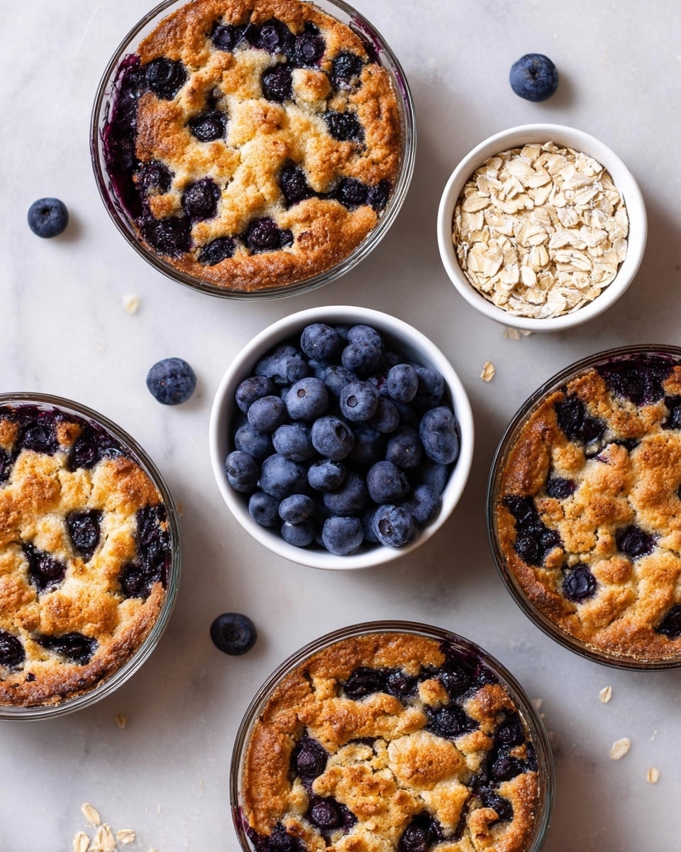The image shows a single glass bowl filled with a baked dessert that has two clear layers. The bottom layer is dark purple and smooth, made of blueberries. The top layer is a golden-brown baked dough with a slightly rough texture, scattered with whole blueberries baked into it. A shiny gold spoon is gently placed inside the bowl on the right side, resting against the dessert. The bowl sits on a white marbled surface, and in the bottom left corner, there is a small white bowl filled with fresh blueberries. Photo taken with an iphone --ar 4:5 --v 7